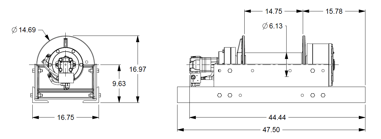 30BBX1L2F : DP Winch, 30,000lb Bare Drum Pull, 47.75" Base only, No Kickout, CCW, Less than 25GPM Motor, 6.13" Barrel x 14.74" Length x 14.69" Flange