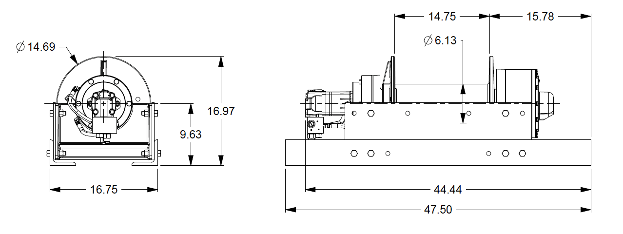 30BBX4L2F : DP Winch, 30,000lb Bare Drum Pull, 47.75" Base only, Air/Hyd Kickout, CCW, Less than 25GPM Motor, 6.13" Barrel x 14.74" Length x 14.69" Flange