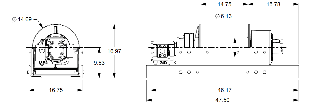 30BBX5R1F : DP Winch, 30,000lb Bare Drum Pull, 47.75" Base only, Manual Kickout/Spring Engage, CW, More than 25GPM Motor,  6.13" Barrel x 14.74" Length x 14.69" Flange