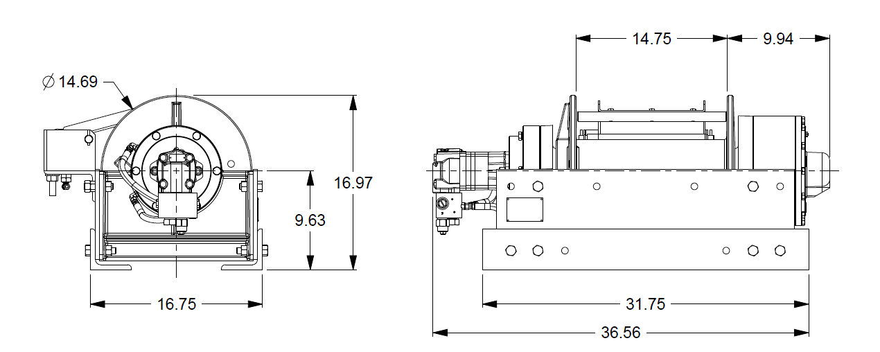 30BCX4L2F : DP Winch, 30,000lb Bare Drum Pull, 31.75" Base with Air Cable Hold Down, Air/Hyd Kickout, CCW, Less than 25GPM Motor, 6.13" Barrel x 14.74" Length x 14.69" Flange
