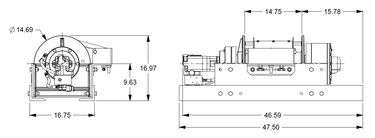 30BDX4R5F : 30BBX4L1F : DP Winch, 30,000lb Bare Drum Pull, 47.75" Base with Air Cable Hold Down & Fairlead, Air/Hyd Kickout, CW, 12VDC 2-Speed, Less than 25GPM Motor,  6.13" Barrel x 14.74" Length x 14.69" Flange
