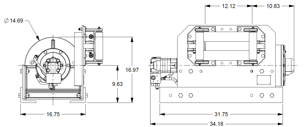 35AAF4L2F : DP Winch, 35,000lb Bare Drum Pull, 31.75" Base with Fairlead, Air/Hyd Kickout, CCW, Less than 25GPM Motor, 6.13" Barrel x 12.12" Length x 14.69" Flange
