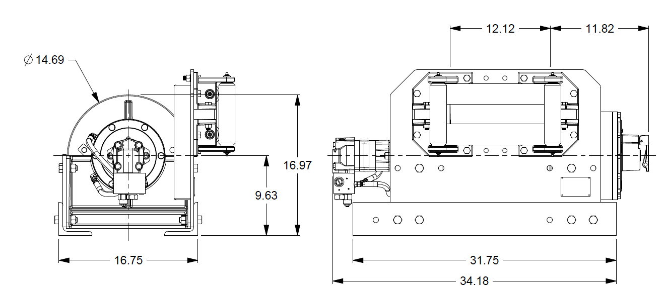 35AAF5L2F : DP Winch, 35,000lb Bare Drum Pull, 31.75" Base with Fairlead, Manual Kickout/Spring Engage, CCW, Less than 25GPM Motor, 6.13" Barrel x 12.12" Length x 14.69" Flange