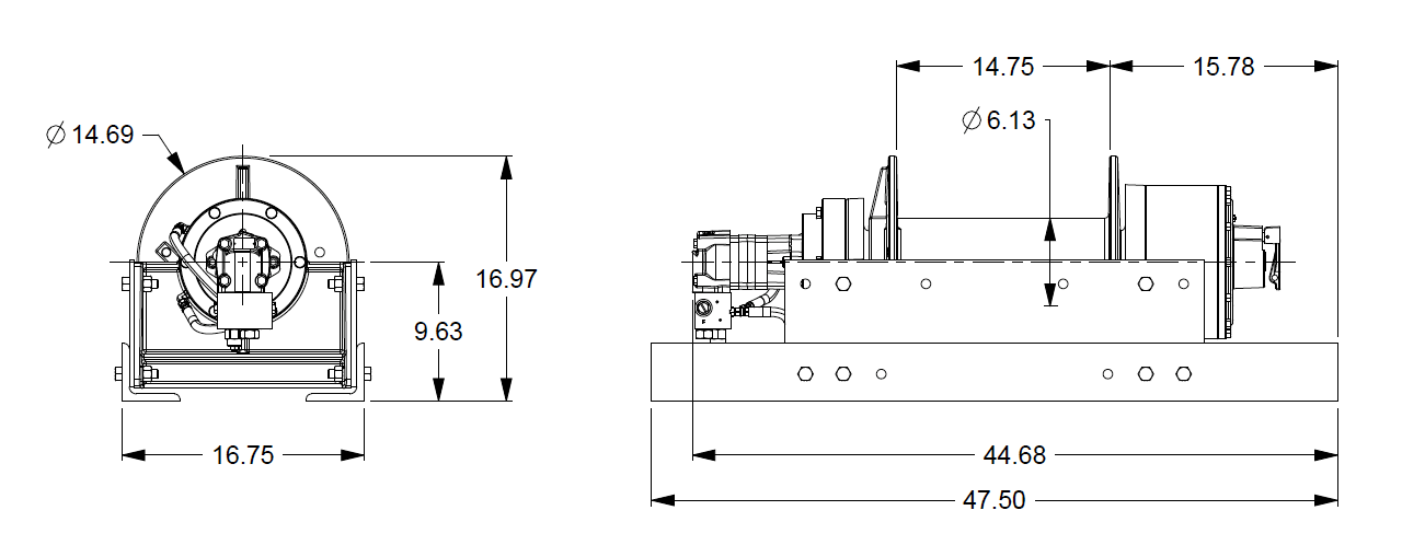 35BBX5L2F : DP Winch, 35,000lb Bare Drum Pull, 47.75" Base only, Air/Hyd Kickout, CCW, Less than 25GPM Motor, 6.13" Barrel x 14.74" Length x 14.69" Flange