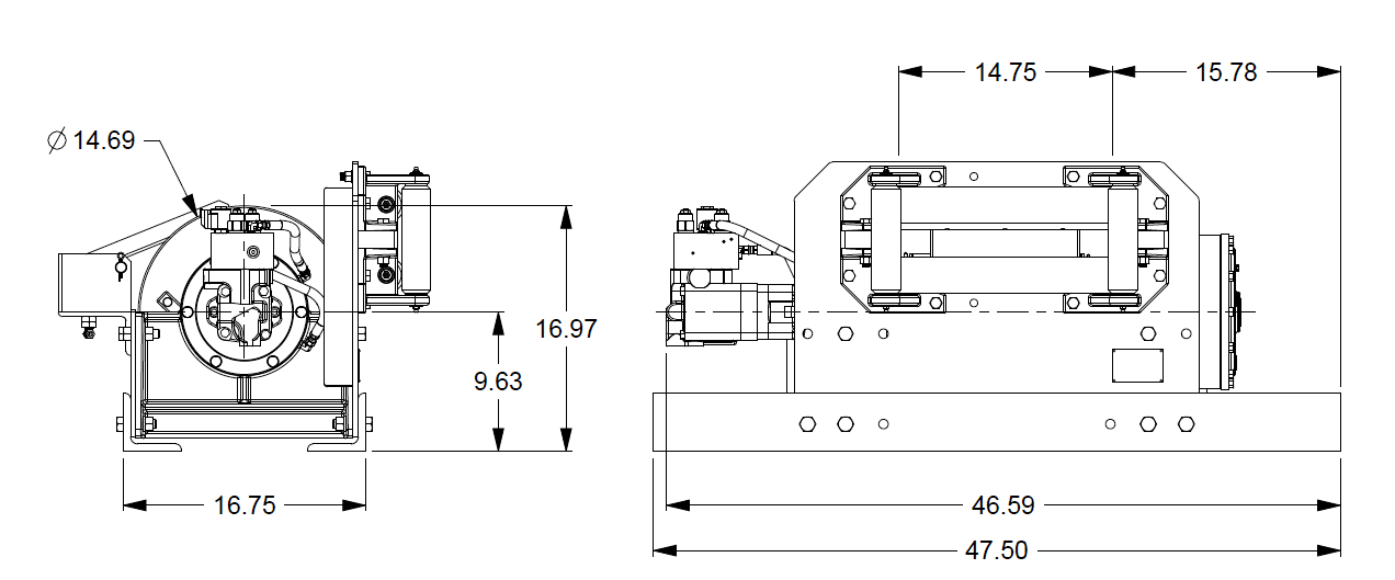 35BDF1L5F : DP Winch, 35,000lb Bare Drum Pull, 47.75" Base with Fairlead & Air Cable Hold Down, No Kickout, CCW, 12VDC 2-Speed, Less than 25GPM Motor, 6.13" Barrel x 12.12" Length x 14.69" Flange