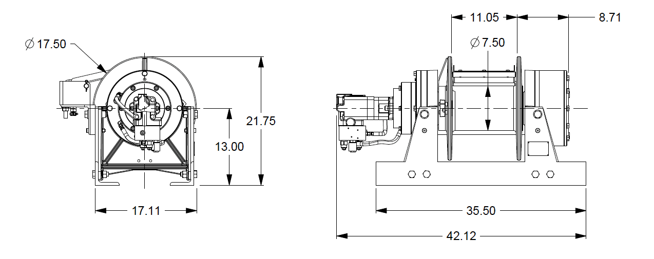 45AAT1L9E : DP Winch, 45,000lb Bare Drum Pull, 35.5" Base with Air Cable Hold Down, No Kickout, CCW, Less than 25GPM Motor, 24VDC, 7.5" Barrel x 11.06" Length x 17.5" Flange