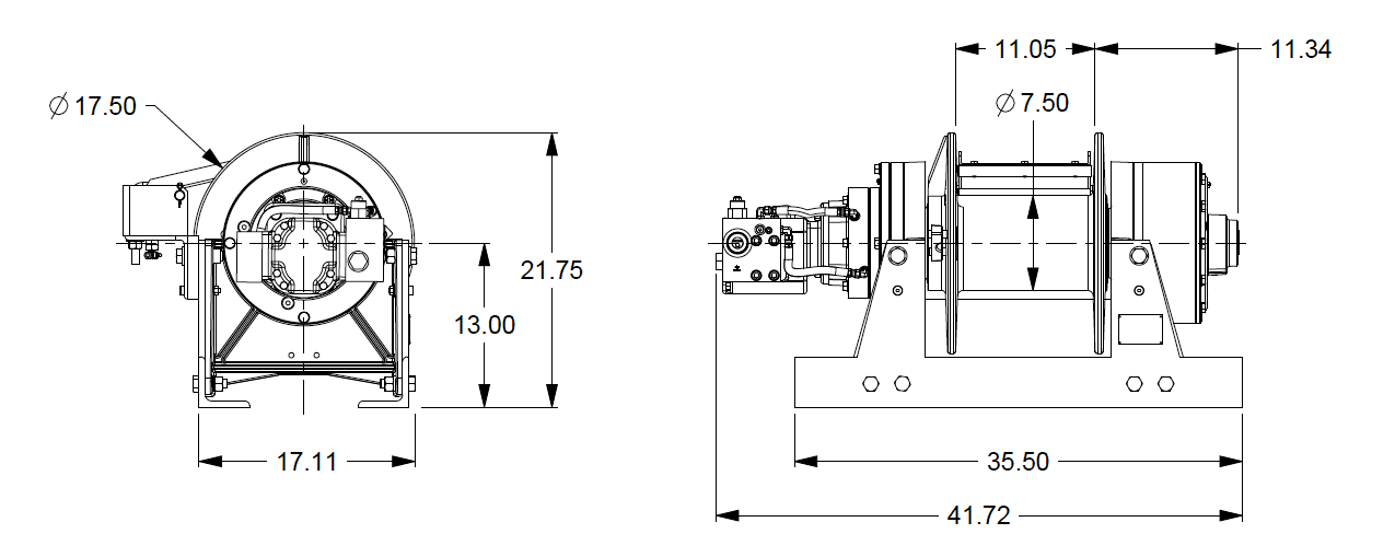 45AAT4L1E : DP Winch, 45,000lb Bare Drum Pull, 35.5" Base with Air Cable Hold Down, Air/Hyd Kickout, CCW, More than 25GPM Motor, 24VDC, 7.5" Barrel x 11.06" Length x 17.5" Flange