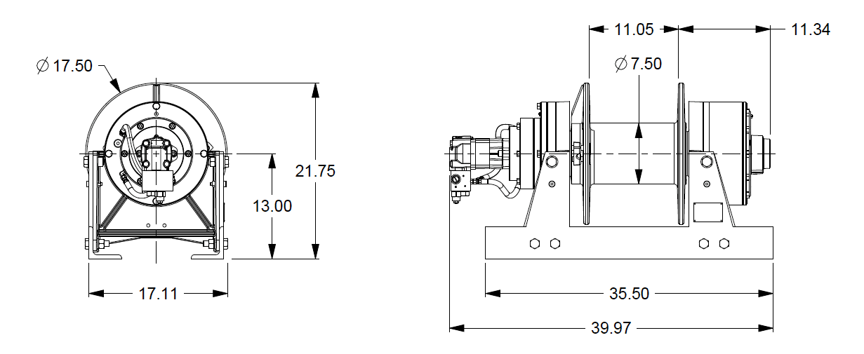 45AAX4L2E : DP Winch, 45,000lb Bare Drum Pull, 35.5" Base only, Air/Hyd Kickout, CCW, Less than 25GPM Motor, 24VDC, 7.5" Barrel x 11.06" Length x 17.5" Flange