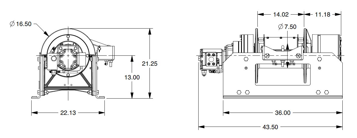 50CAT4R1B : DP Winch, 50,000lb Bare Drum Pull, 36" Base with Air Cable Hold Down, Air/Hyd Kickout, CW, More than 25GPM Motor, 7.5" Barrel x 14.00" Length x 16.5" Flange