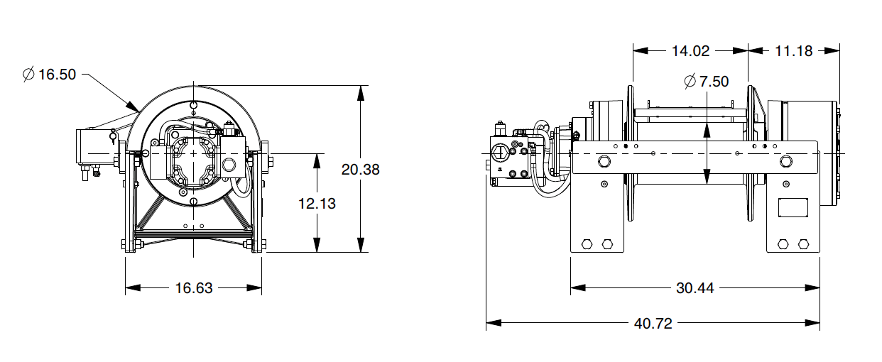 50CBT4L1B : DP Winch, 50,000lb Bare Drum Pull, Wrecker Type Custom Mount with Air Cable Hold Down, Air/Hyd Kickout, CCW, More than 25GPM Motor, 7.5" Barrel x 14.00" Length x 16.5" Flange