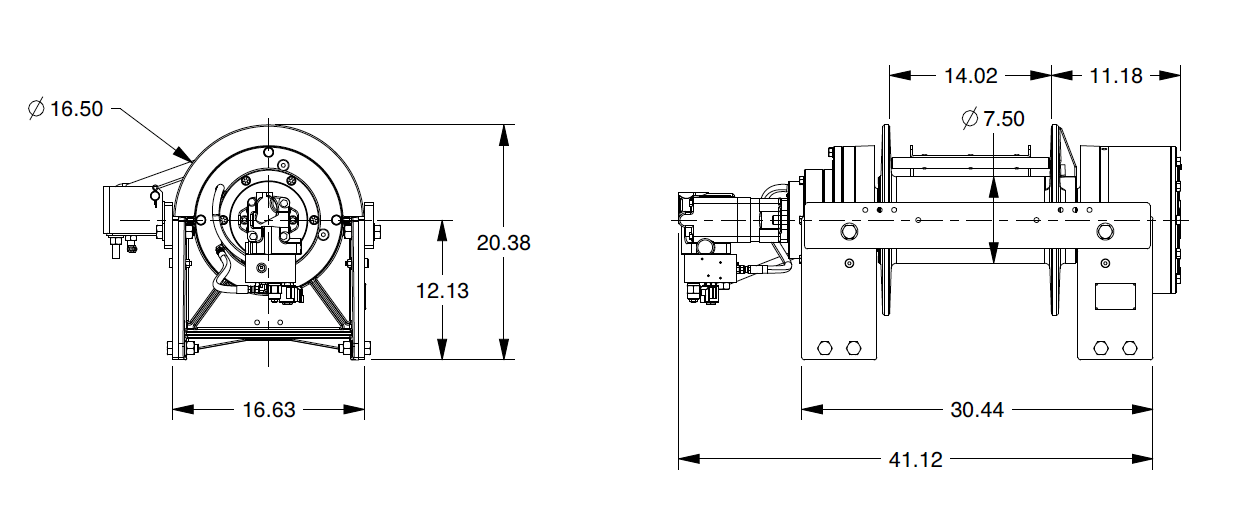 50CBT4L3B : DP Winch, 50,000lb Bare Drum Pull, Wrecker Type Custom Mount with Air Cable Hold Down, Air/Hyd Kickout, CCW, 12VDC 2-Speed, Less than 25GPM Motor, 7.5" Barrel x 14.00" Length x 16.5" Flange