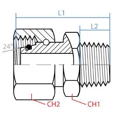 5307S-25-16 : Adaptall Straight Steel Adapter, M36 X 2.0 (-S25) Female Heavy Duty DIN Tube Swivel x 1-11-1/2 (-16) Male NPT