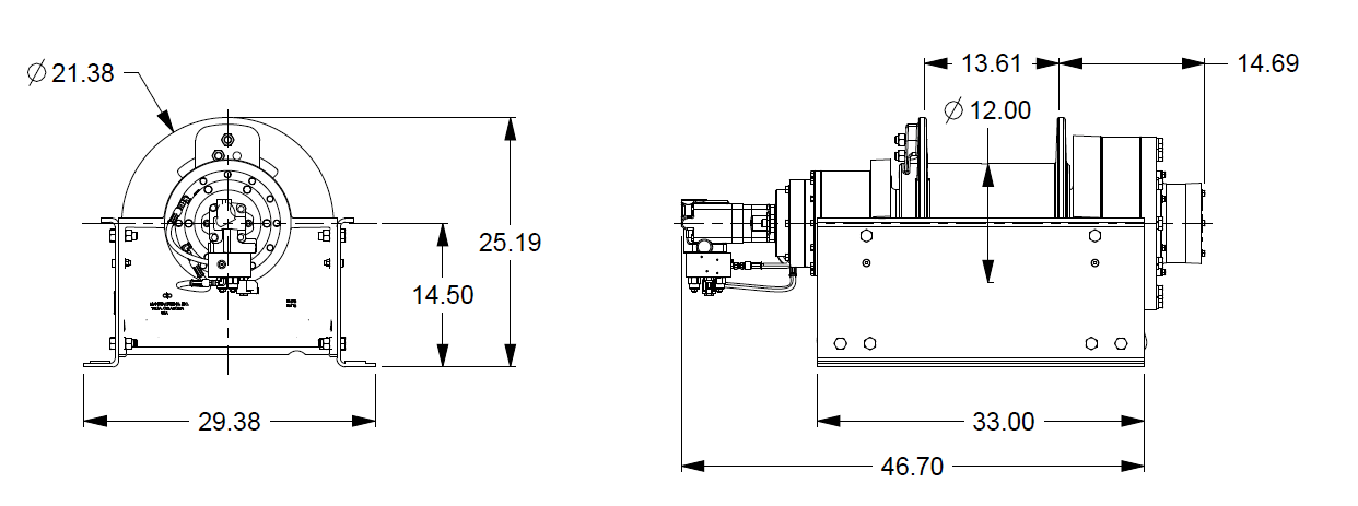 65AUX4L9D : DP Winch, 65,000lb Bare Drum Pull, 33" Base Underwound, Air/Hyd Kickout, CCW, 12VDC 2-Speed, Less than 25GPM Motor, Smooth 12" Barrel x 13.63" Length x 21.00" Flange