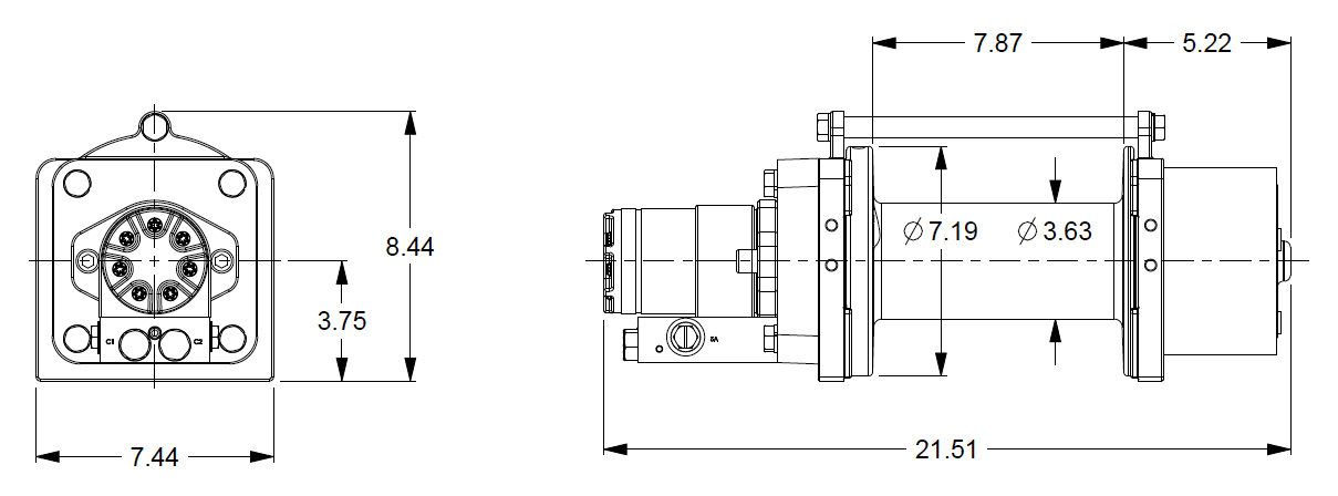 8GNAXX1L1C : DP Winch, 8,000lb Bare Drum Pull, Standard Drum, No Kickout, CCW, Less than 5GPM Motor, 3.63" Barrel x 7.88" Length x 7.19" Flange