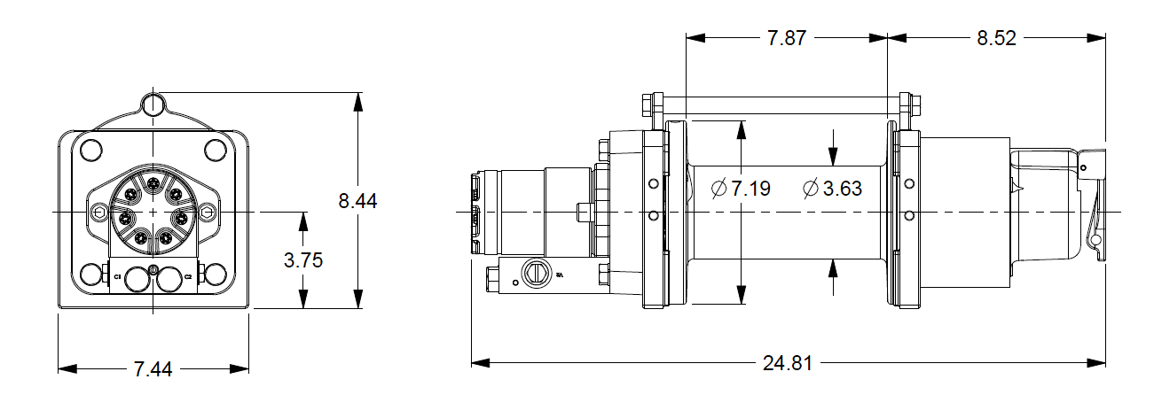 8GNAXX5L1C : DP Winch, 8,000lb Bare Drum Pull, Standard Drum, Manual Kickout/Spring Engage, CCW, Less than 5GPM Motor, 3.63" Barrel x 7.88" Length x 7.19" Flange