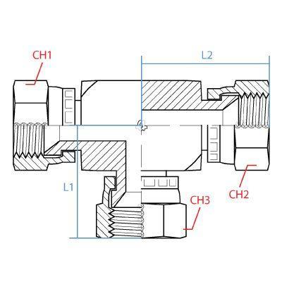 9555-06-06-06 : Adaptall Tee Adapter, Female 0.375 (3/8") JIC x Female 0.375 (3/8") JIC x Female 0.375 (3/8") JIC, Carbon Steel