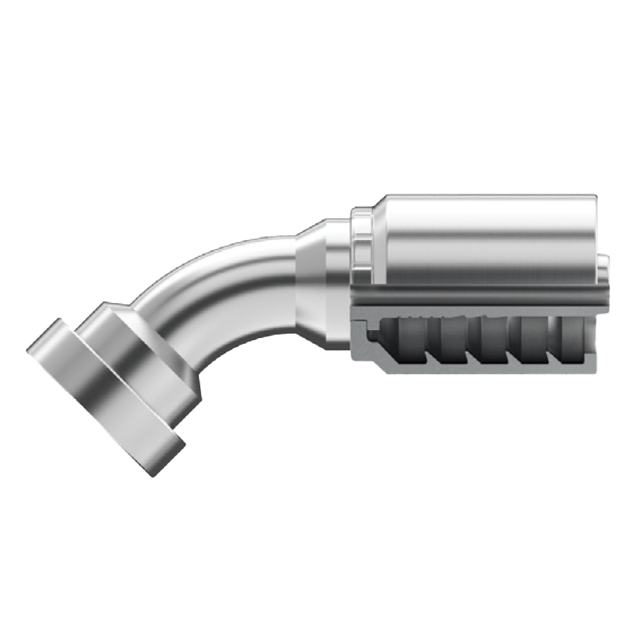 B2-KF45-1010: Continental Hose Fitting, 0.625 (5/8") Hose ID x 0.625 (5/8") Komatsu Flange, 45-Degree Connection