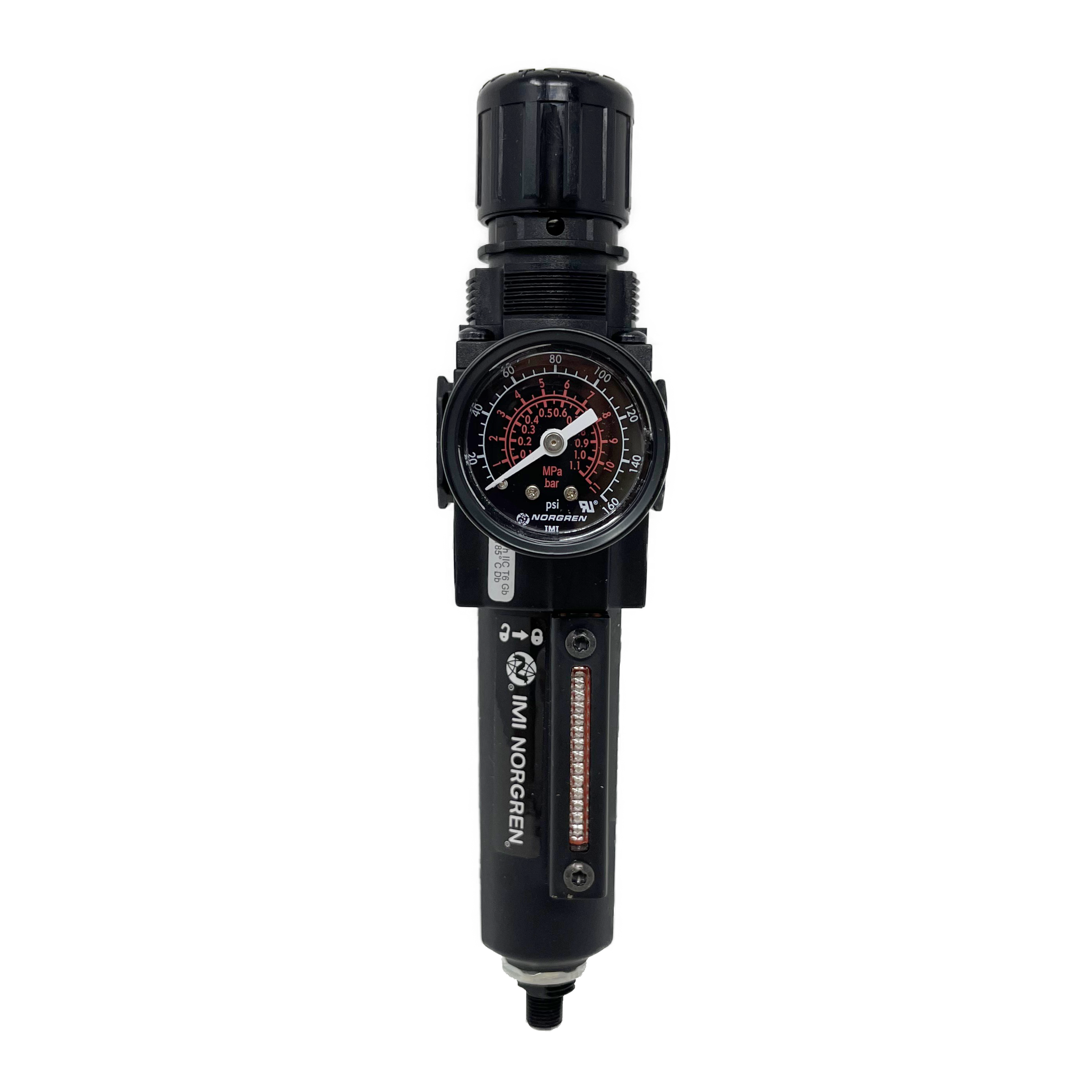 B72G-2AK-AE3-RMG : Norgren Excelon Combo Filter/Regulator, 1/4" NPT, Knob Adjust, Auto Drain, Long Metal Bowl, 40-Micron, Relieving, 5-150psi, with Gauge