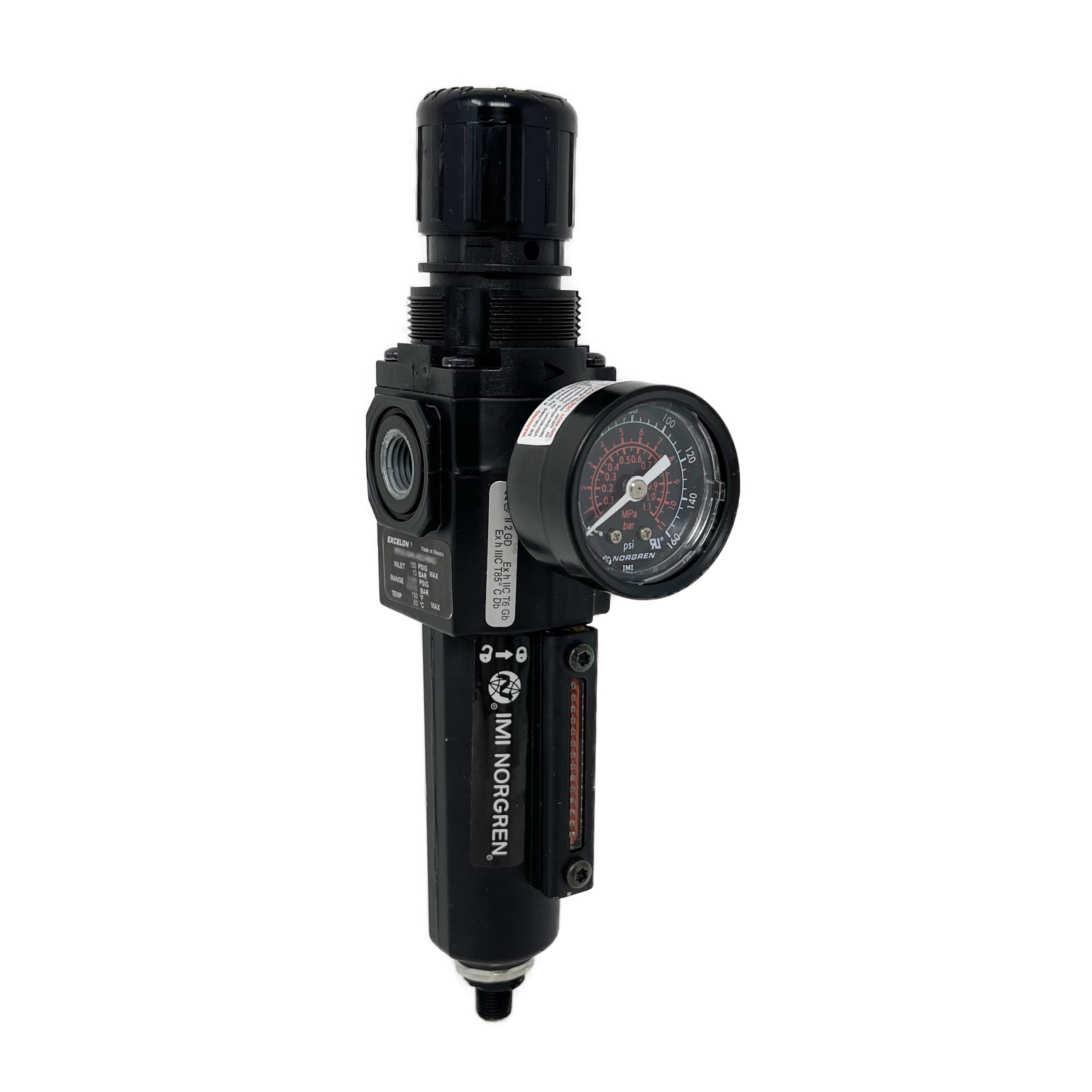 B72G-2AK-AE3-RMG : Norgren Excelon Combo Filter/Regulator, 1/4" NPT, Knob Adjust, Auto Drain, Long Metal Bowl, 40-Micron, Relieving, 5-150psi, with Gauge