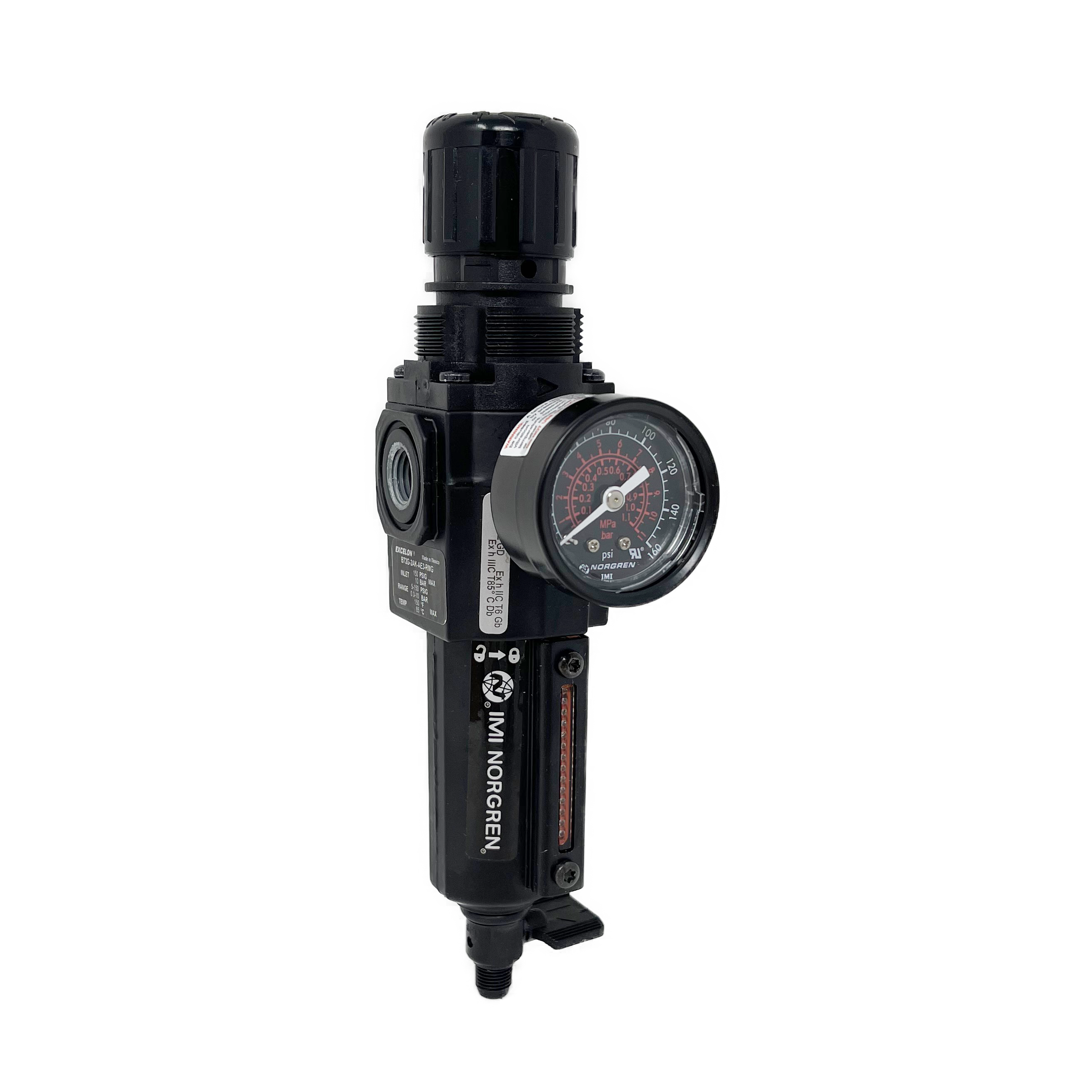 B72G-2AK-QD1-RMG : Norgren Excelon Combo Filter/Regulator, 1/4" NPT, Knob Adjust, Manual 1/4 Turn Drain, Short Metal Bowl, 5-Micron, Relieving, 5-150psi, with Gauge