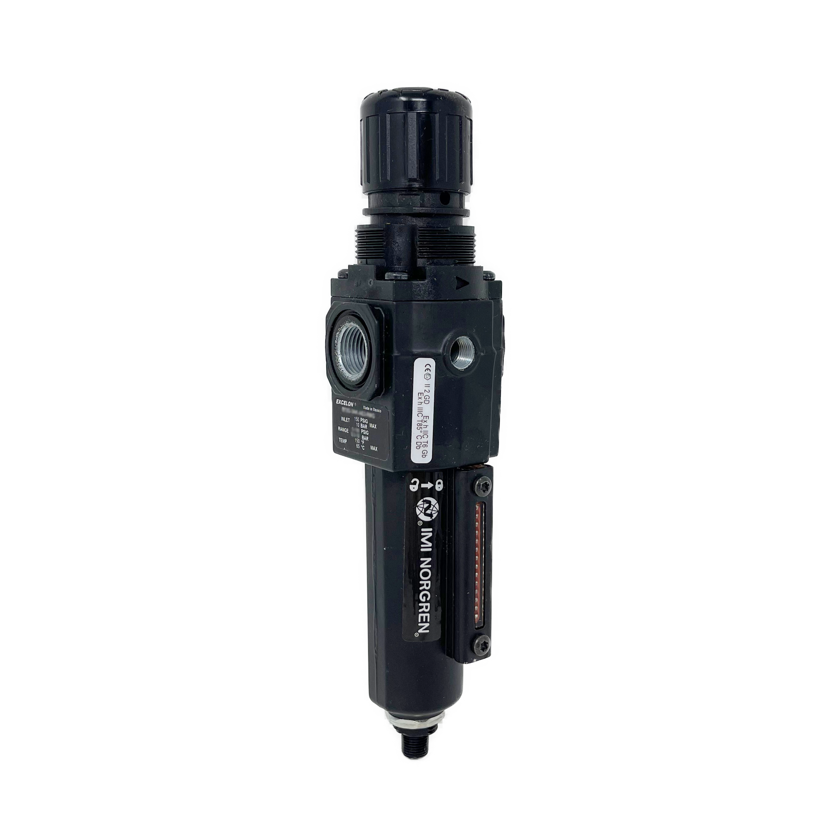 B72G-3AK-AE3-RMG : Norgren Excelon Combo Filter/Regulator, 3/8" NPT, Knob Adjust, Auto Drain, Long Metal Bowl, 40-Micron, Relieving, 5-150psi, with Gauge