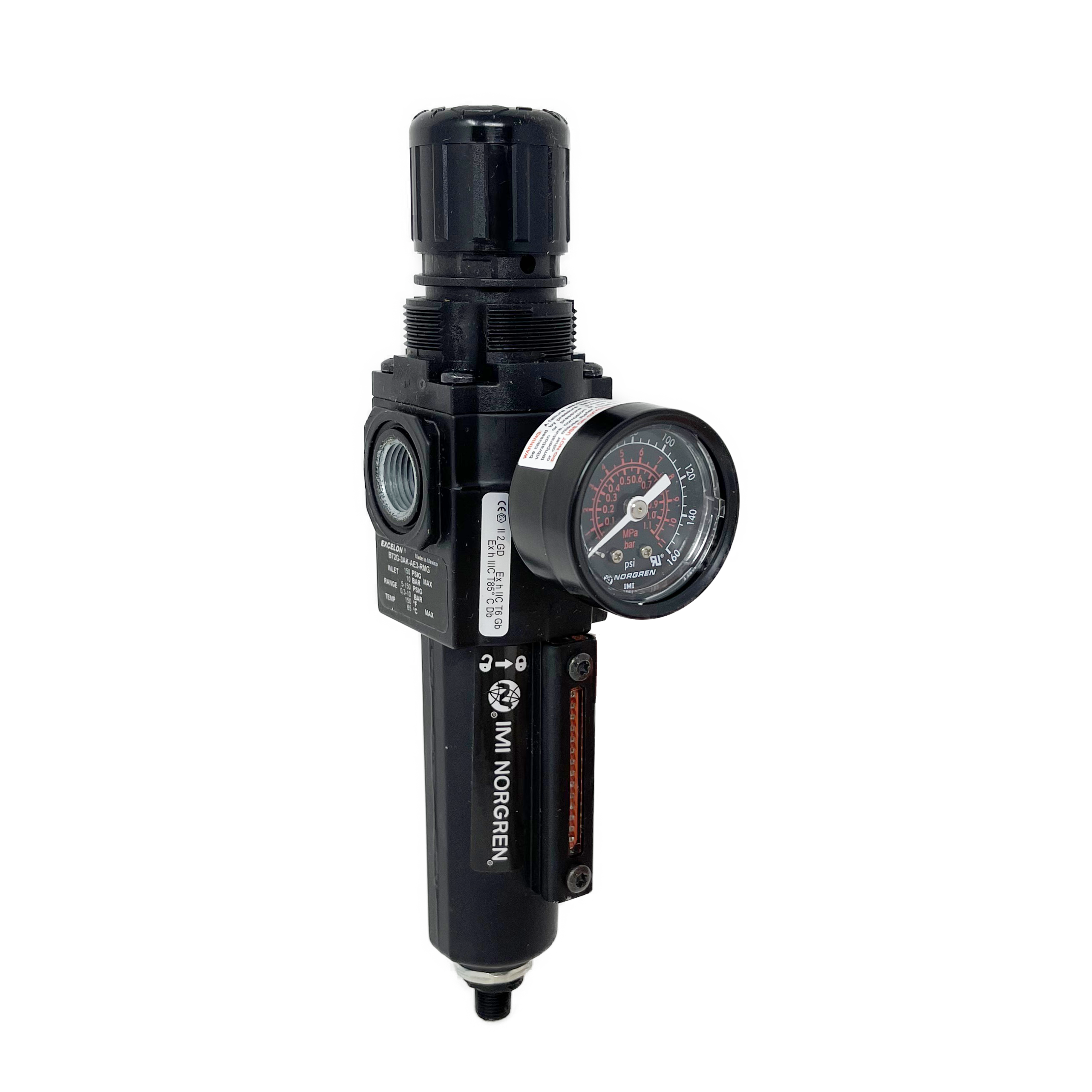 B72G-3AK-AE3-RMG : Norgren Excelon Combo Filter/Regulator, 3/8" NPT, Knob Adjust, Auto Drain, Long Metal Bowl, 40-Micron, Relieving, 5-150psi, with Gauge