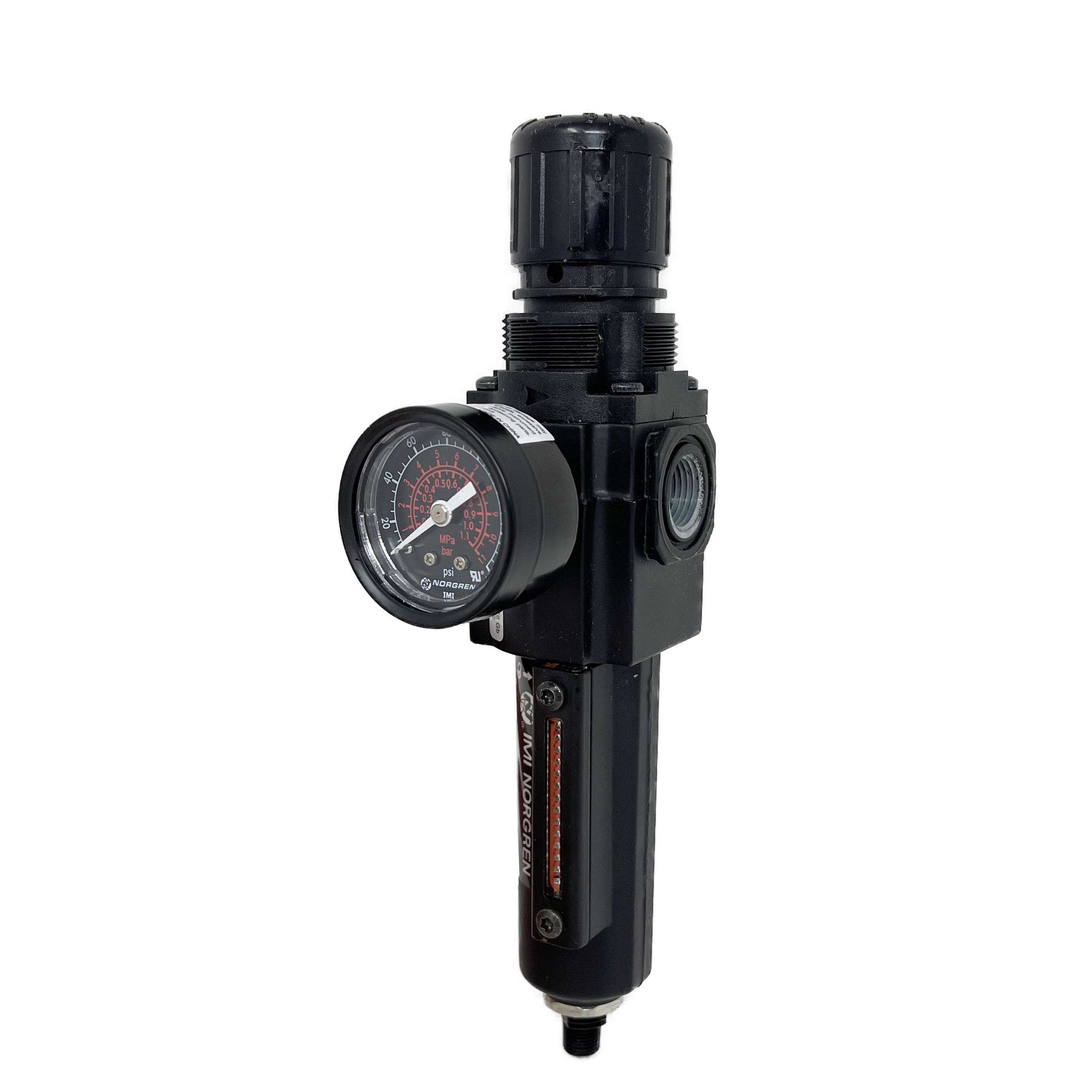 B72G-3AK-AE1-RMG : Norgren Excelon Combo Filter/Regulator, 3/8" NPT, Knob Adjust, Auto Drain, Long Metal Bowl, 5-Micron, Relieving, 5-150psi, with Gauge