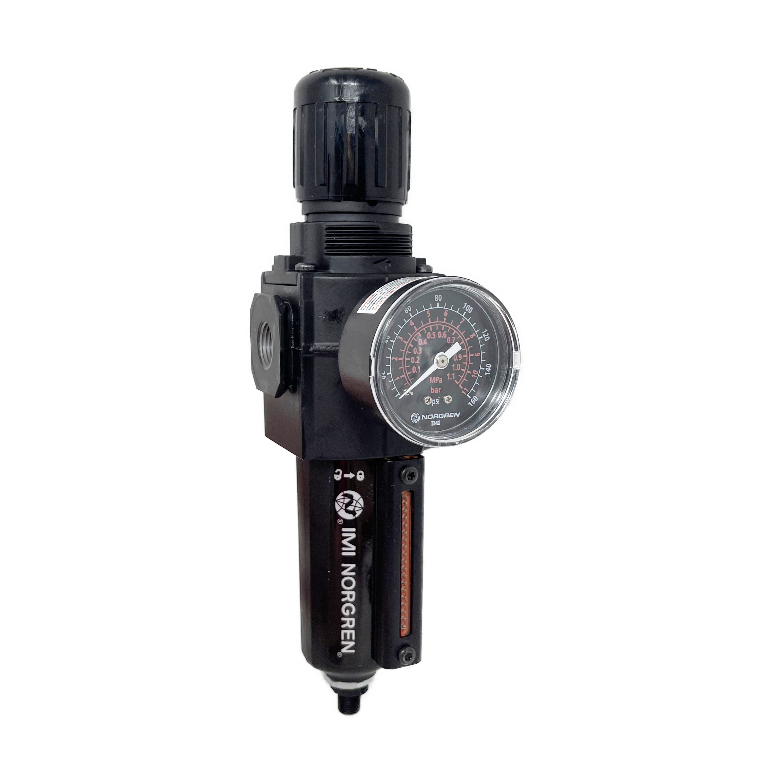 B73G-3AK-AD3-RMG : Norgren Excelon Combo Filter/Regulator, 3/8" NPT, Knob Adjust, Auto Drain, Metal Bowl, 40-Micron, Relieving, 5-150psi, with Gauge