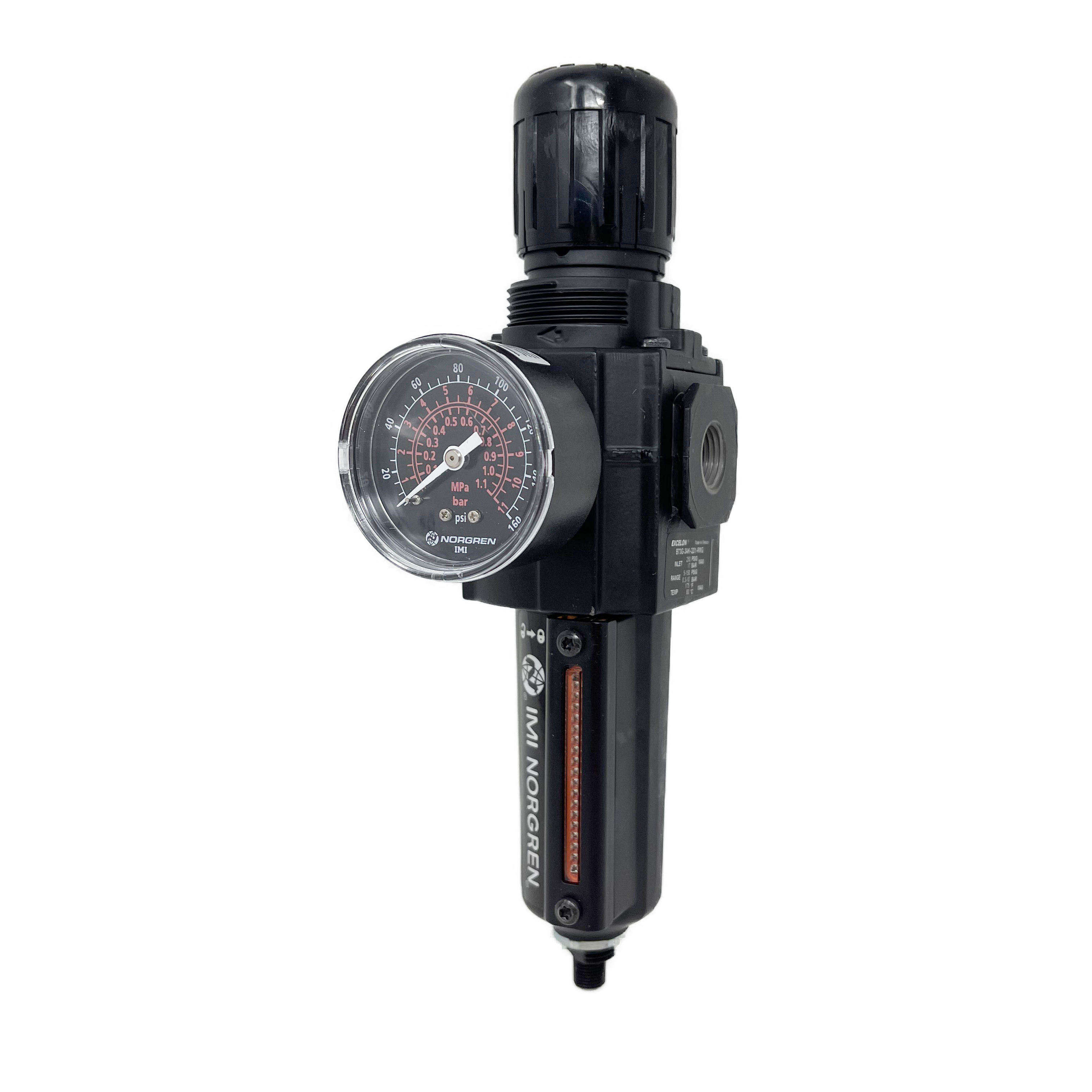 B73G-3AK-AD3-RMG : Norgren Excelon Combo Filter/Regulator, 3/8" NPT, Knob Adjust, Auto Drain, Metal Bowl, 40-Micron, Relieving, 5-150psi, with Gauge