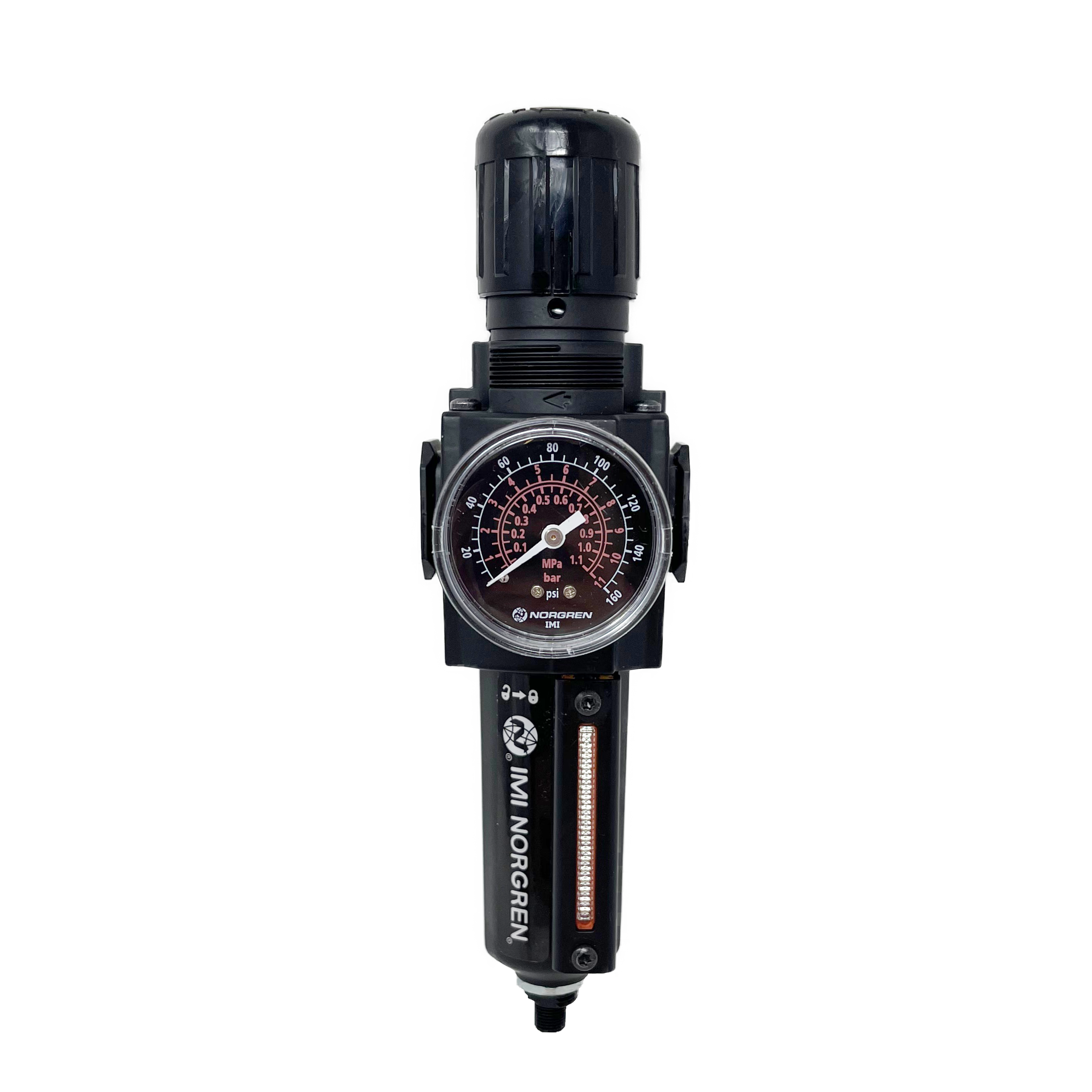 B73G-4AK-AD3-RMG : Norgren Excelon Combo Filter/Regulator, 1/2" NPT, Knob Adjust, Auto Drain, Metal Bowl, 40-Micron, Relieving, 5-150psi, with Gauge