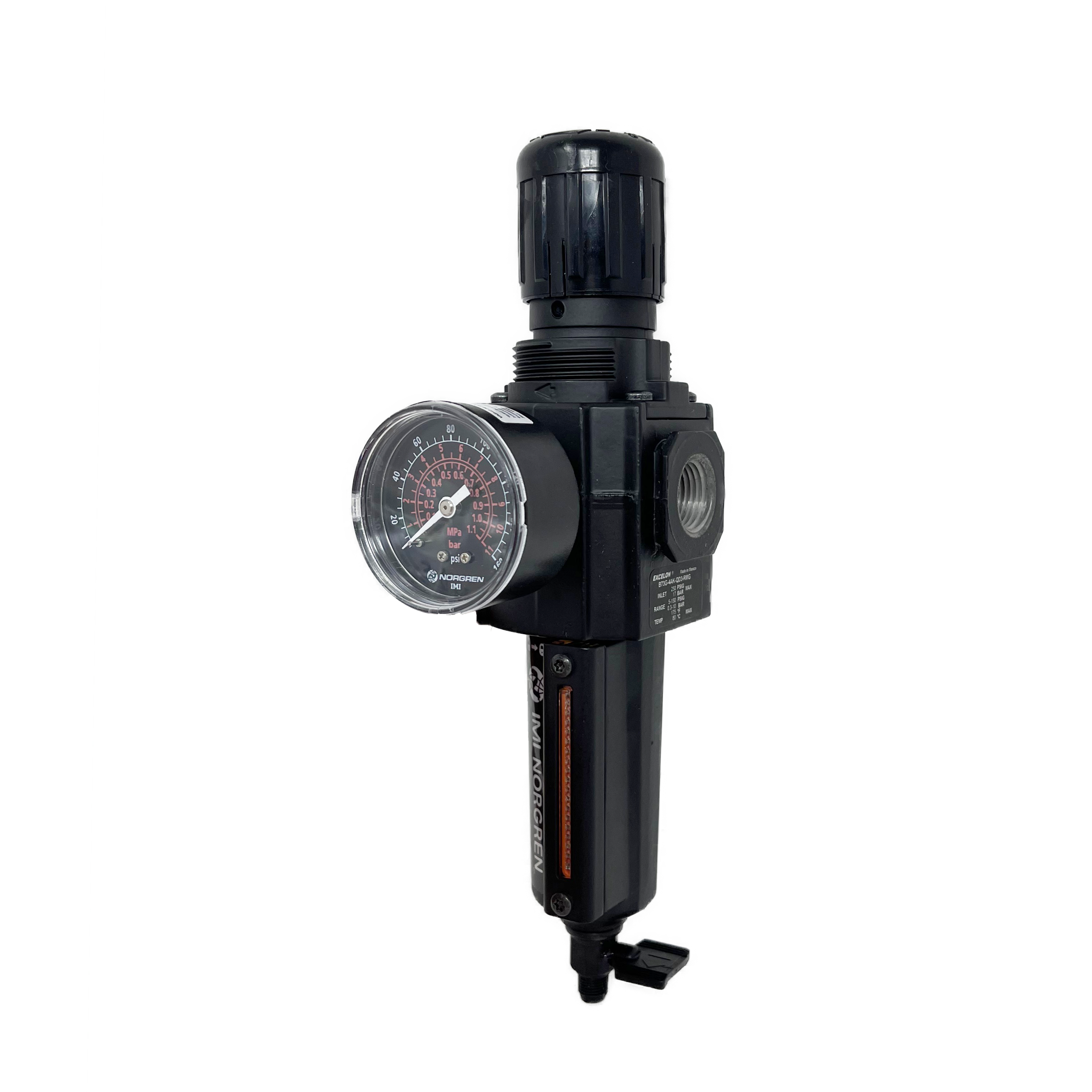 B73G-4AK-QD3-RMG : Norgren Excelon Combo Filter/Regulator, 1/2" NPT, Knob Adjust, Manual 1/4 Turn Drain, Metal Bowl, 40-Micron, Relieving, 5-150psi, with Gauge