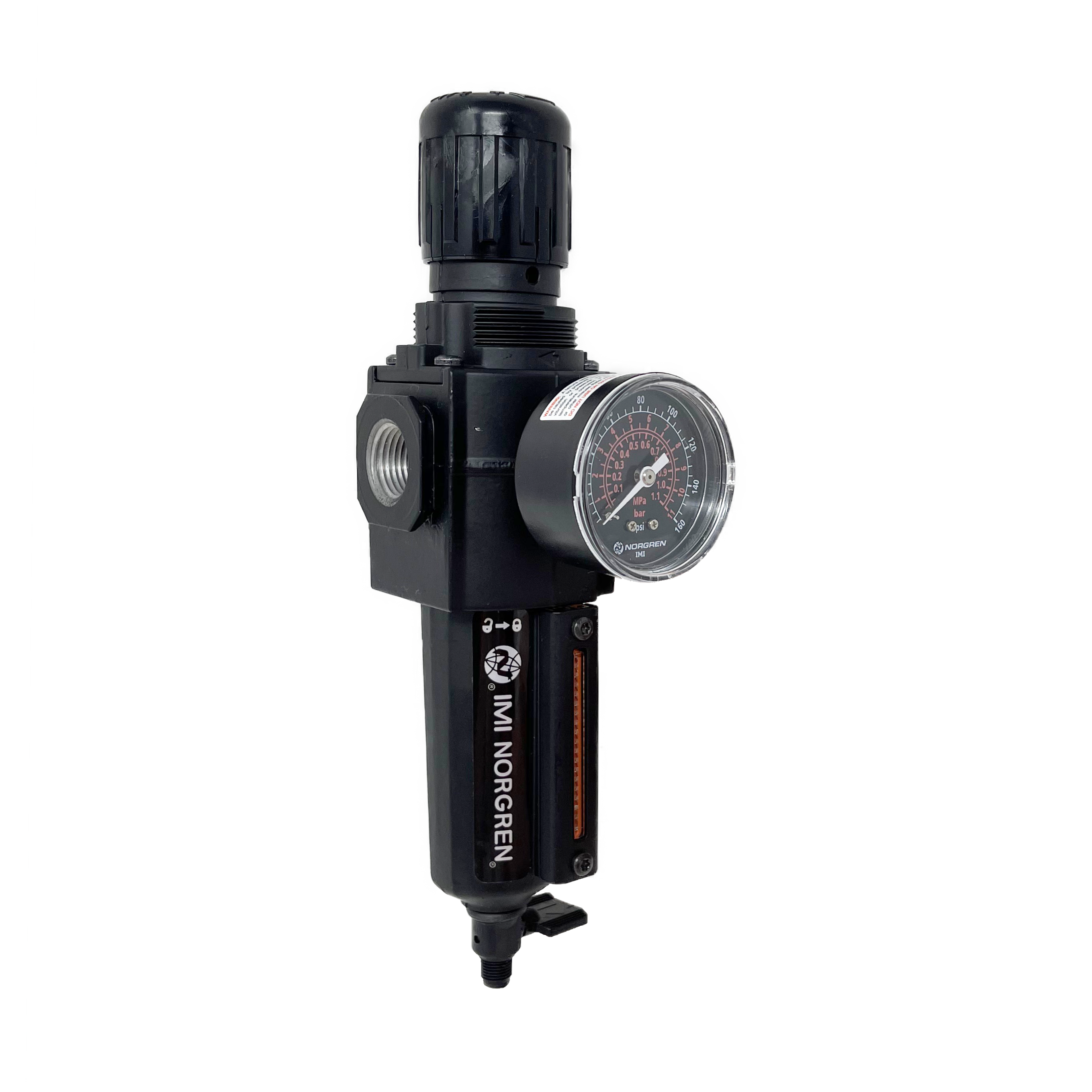 B73G-4AK-QD3-RMG : Norgren Excelon Combo Filter/Regulator, 1/2" NPT, Knob Adjust, Manual 1/4 Turn Drain, Metal Bowl, 40-Micron, Relieving, 5-150psi, with Gauge