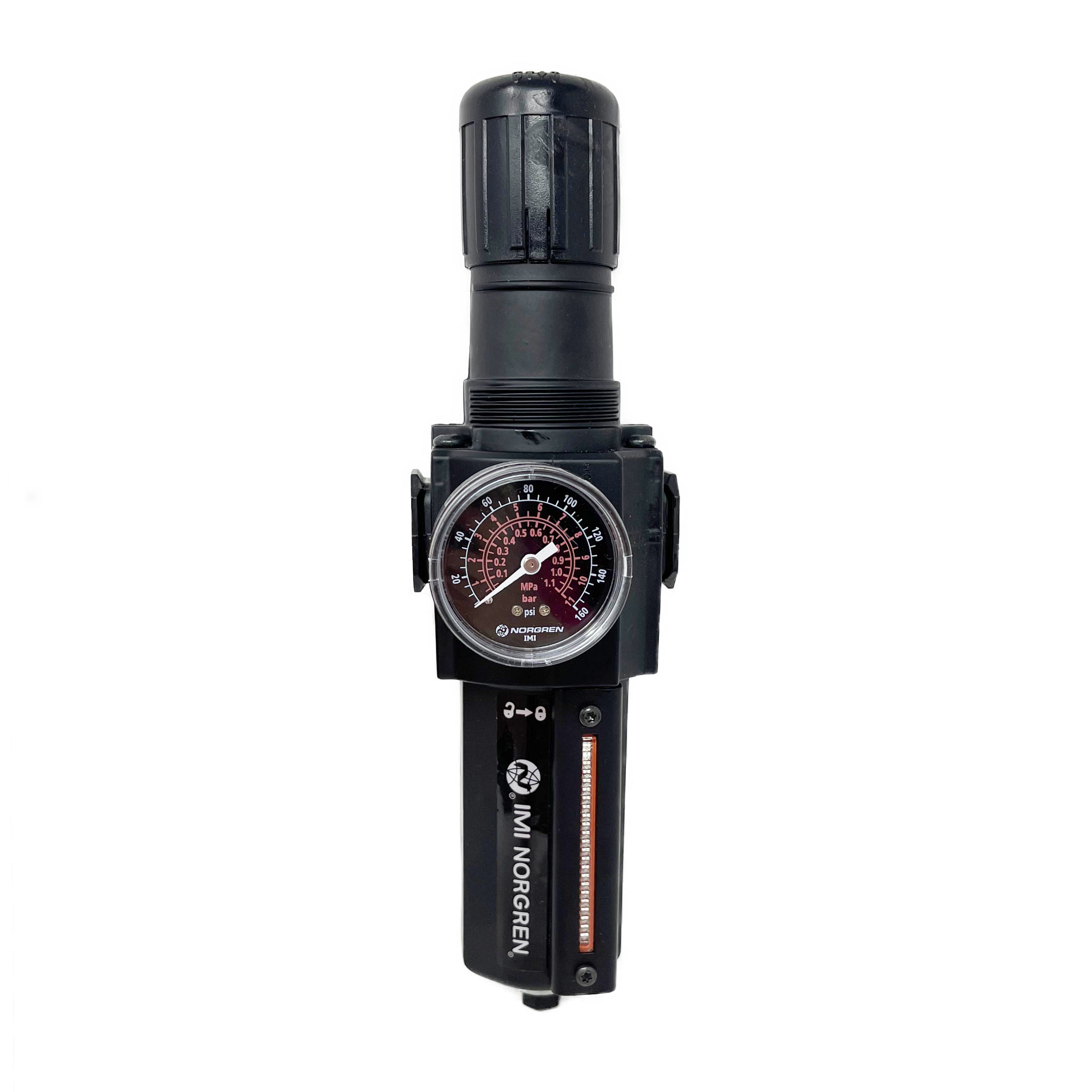 B74G-3AK-AD3-RMG : Norgren Excelon Combo Filter/Regulator, 3/8" NPT, Knob Adjust, Auto Drain, Metal Bowl, 40-Micron, Relieving, 5-150psi, with Gauge