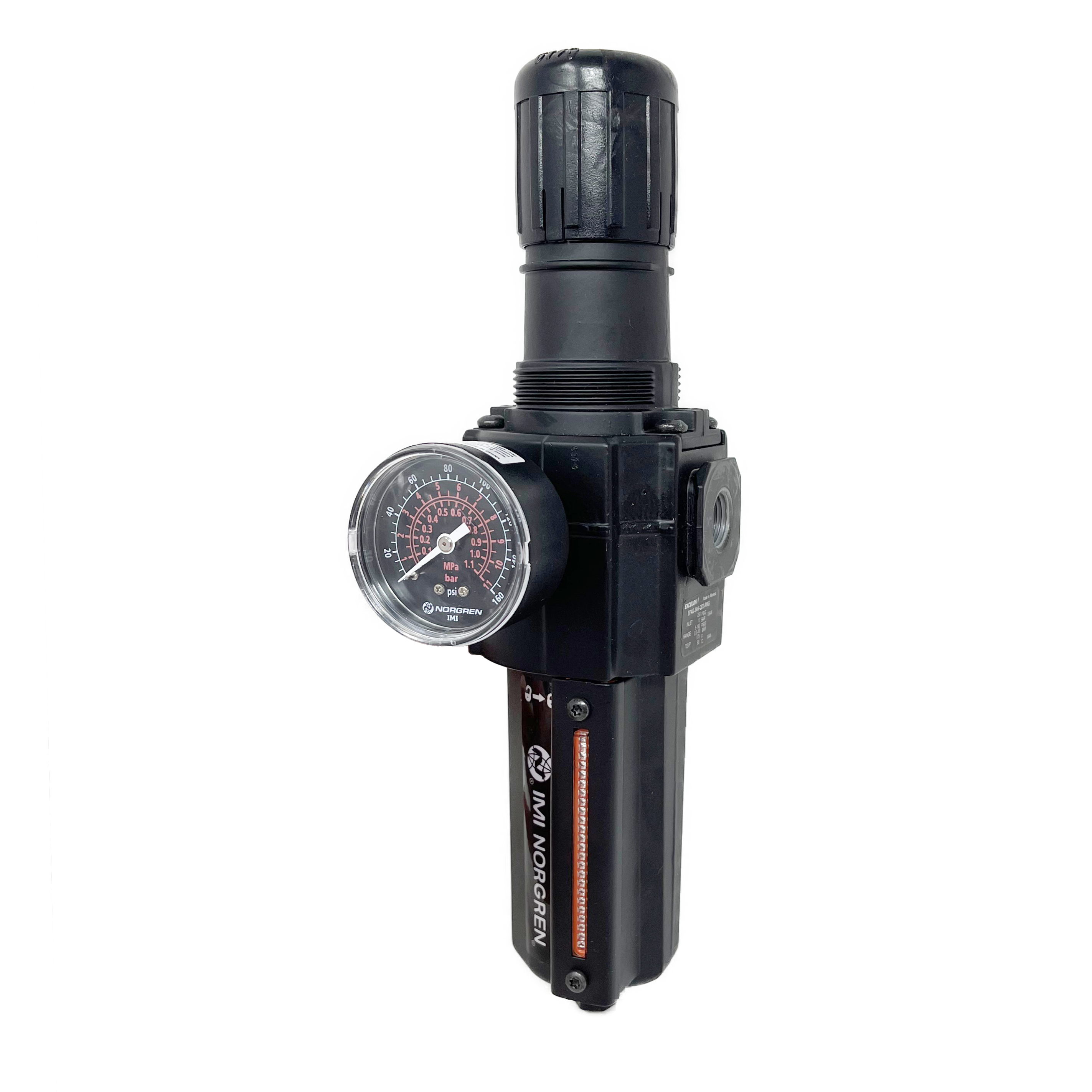 B74G-3AK-AD1-RMG : Norgren Excelon Combo Filter/Regulator, 3/8" NPT, Knob Adjust, Auto Drain, Metal Bowl, 5-Micron, Relieving, 5-150psi, with Gauge