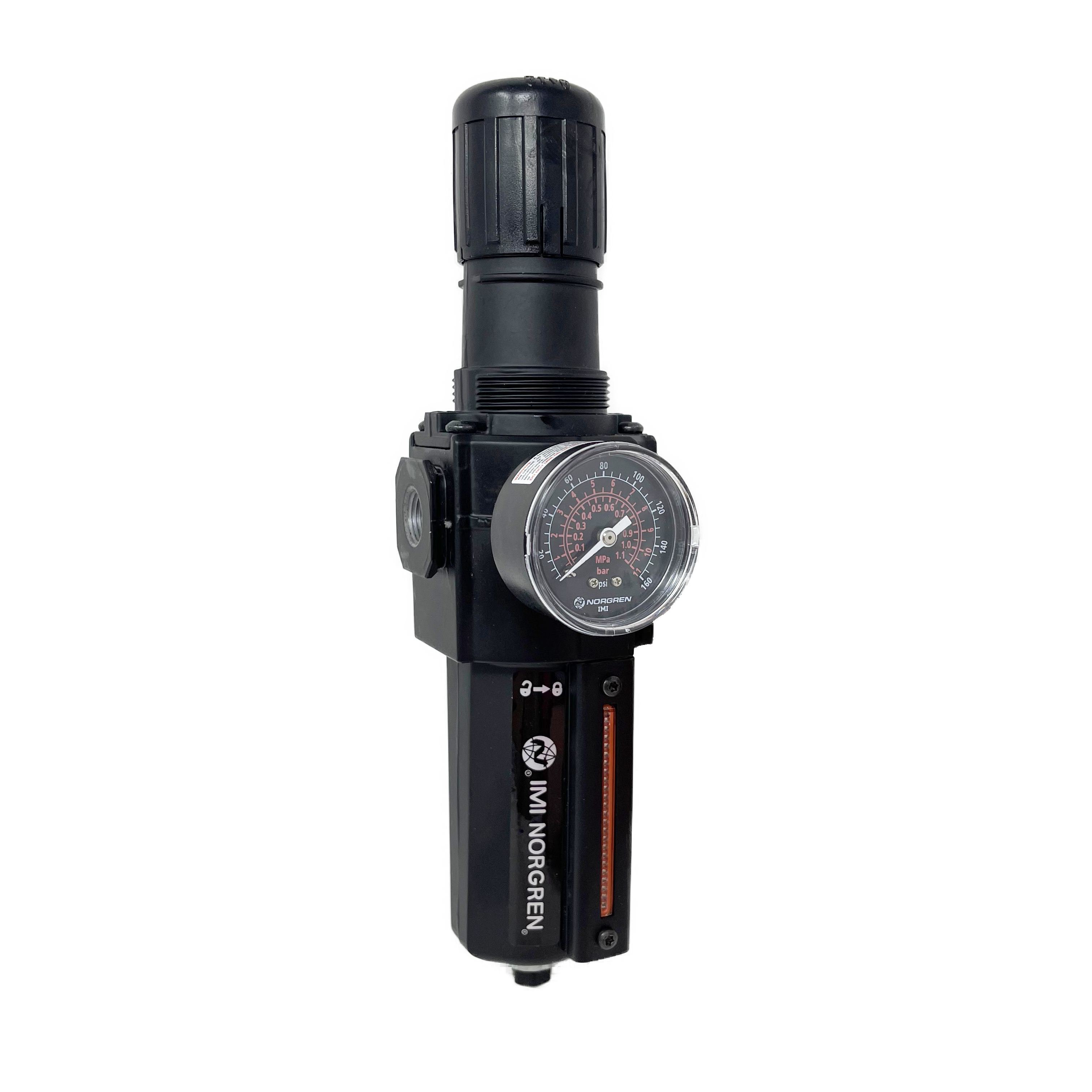 B74G-3AK-AD1-RMG : Norgren Excelon Combo Filter/Regulator, 3/8" NPT, Knob Adjust, Auto Drain, Metal Bowl, 5-Micron, Relieving, 5-150psi, with Gauge