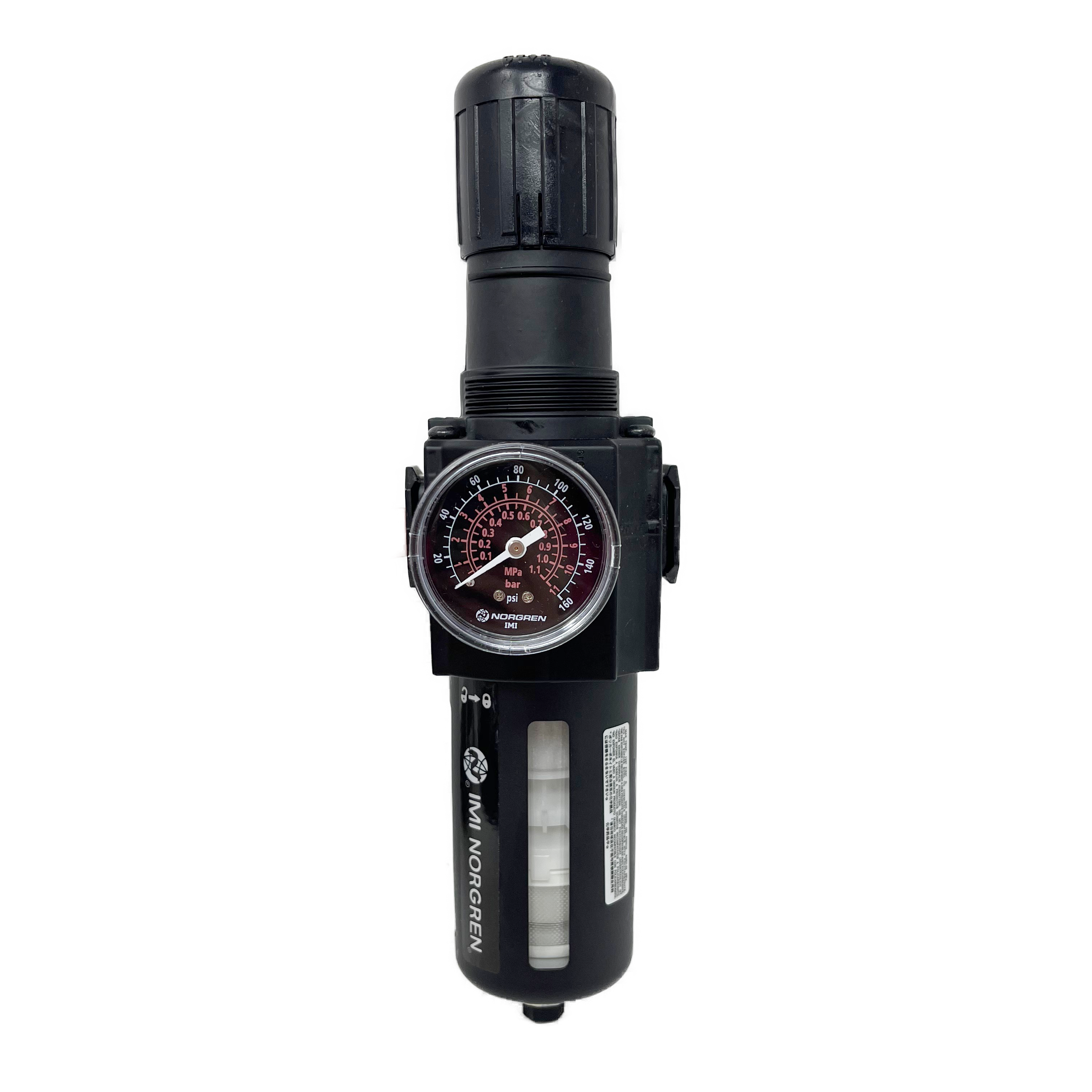 B74G-3AK-AP1-RMG : Norgren Excelon Combo Filter/Regulator, 3/8" NPT, Knob Adjust, Auto Drain, Transparent Bowl with Guard, 5-Micron, Relieving, 5-150psi, with Gauge