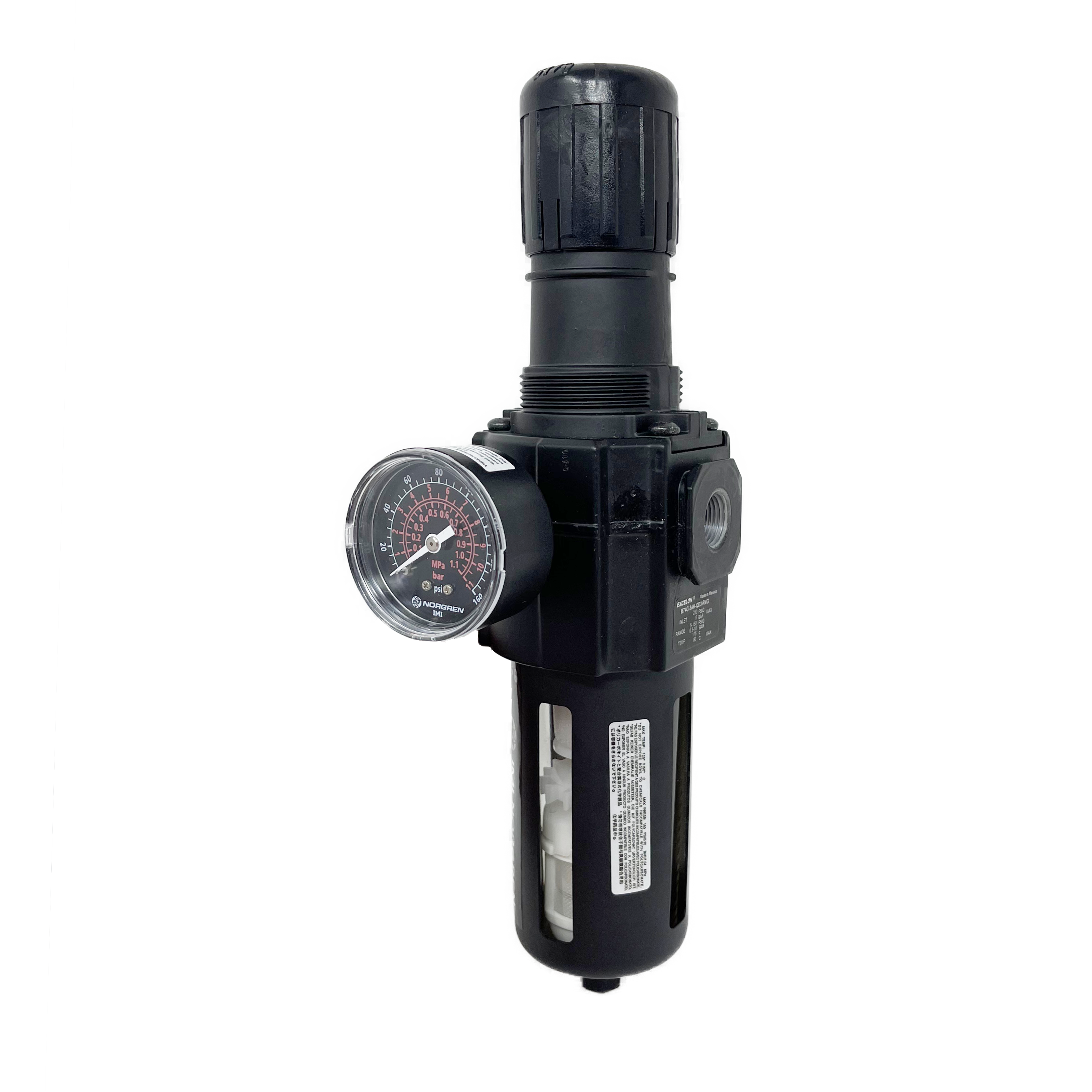 B74G-3AK-AP1-RMG : Norgren Excelon Combo Filter/Regulator, 3/8" NPT, Knob Adjust, Auto Drain, Transparent Bowl with Guard, 5-Micron, Relieving, 5-150psi, with Gauge