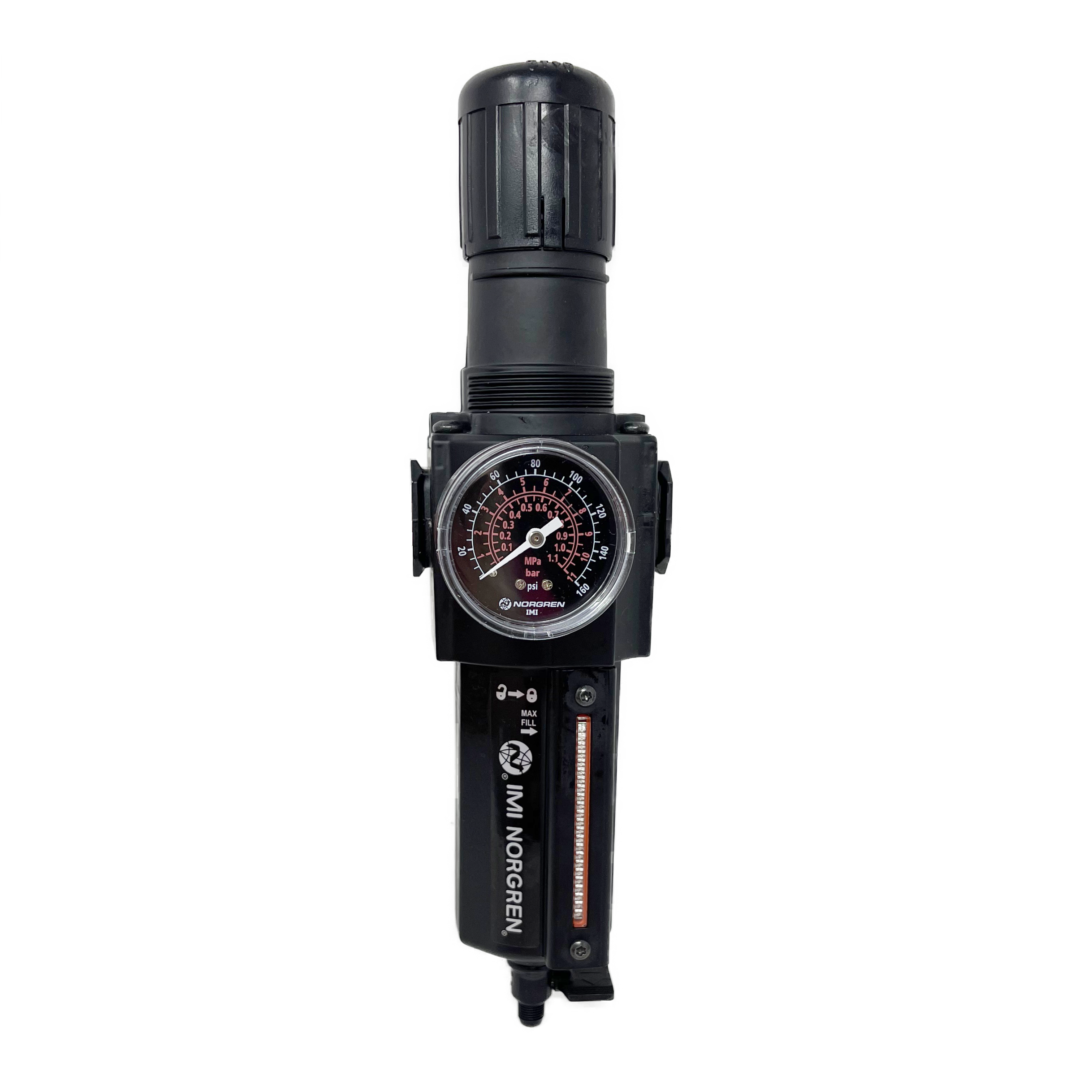 B74G-3AK-QD3-RMG : Norgren Excelon Combo Filter/Regulator, 3/8" NPT, Knob Adjust, Manual 1/4 Turn Drain, Metal Bowl, 40-Micron, Relieving, 5-150psi, with Gauge