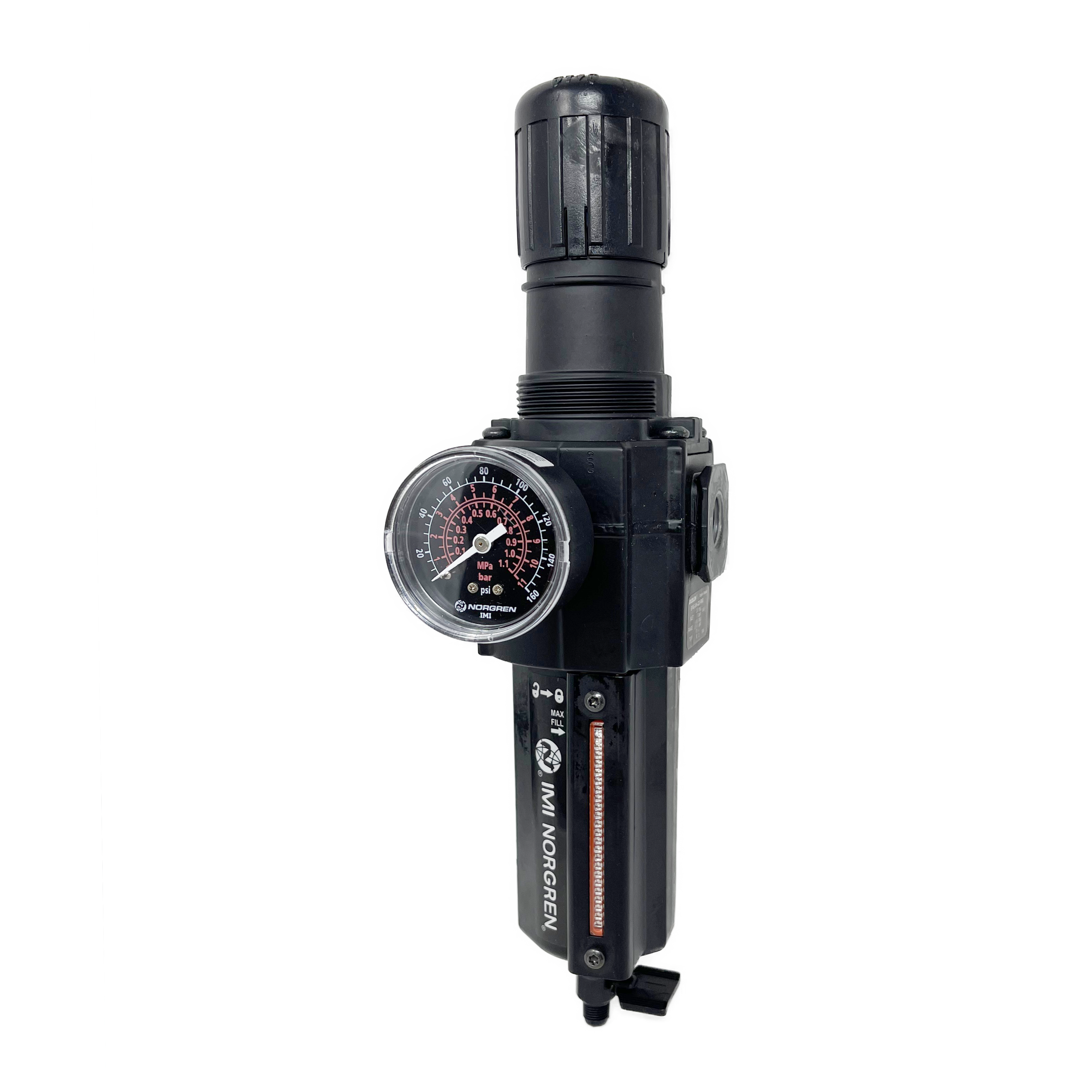 B74G-3AK-QD3-RMG : Norgren Excelon Combo Filter/Regulator, 3/8" NPT, Knob Adjust, Manual 1/4 Turn Drain, Metal Bowl, 40-Micron, Relieving, 5-150psi, with Gauge