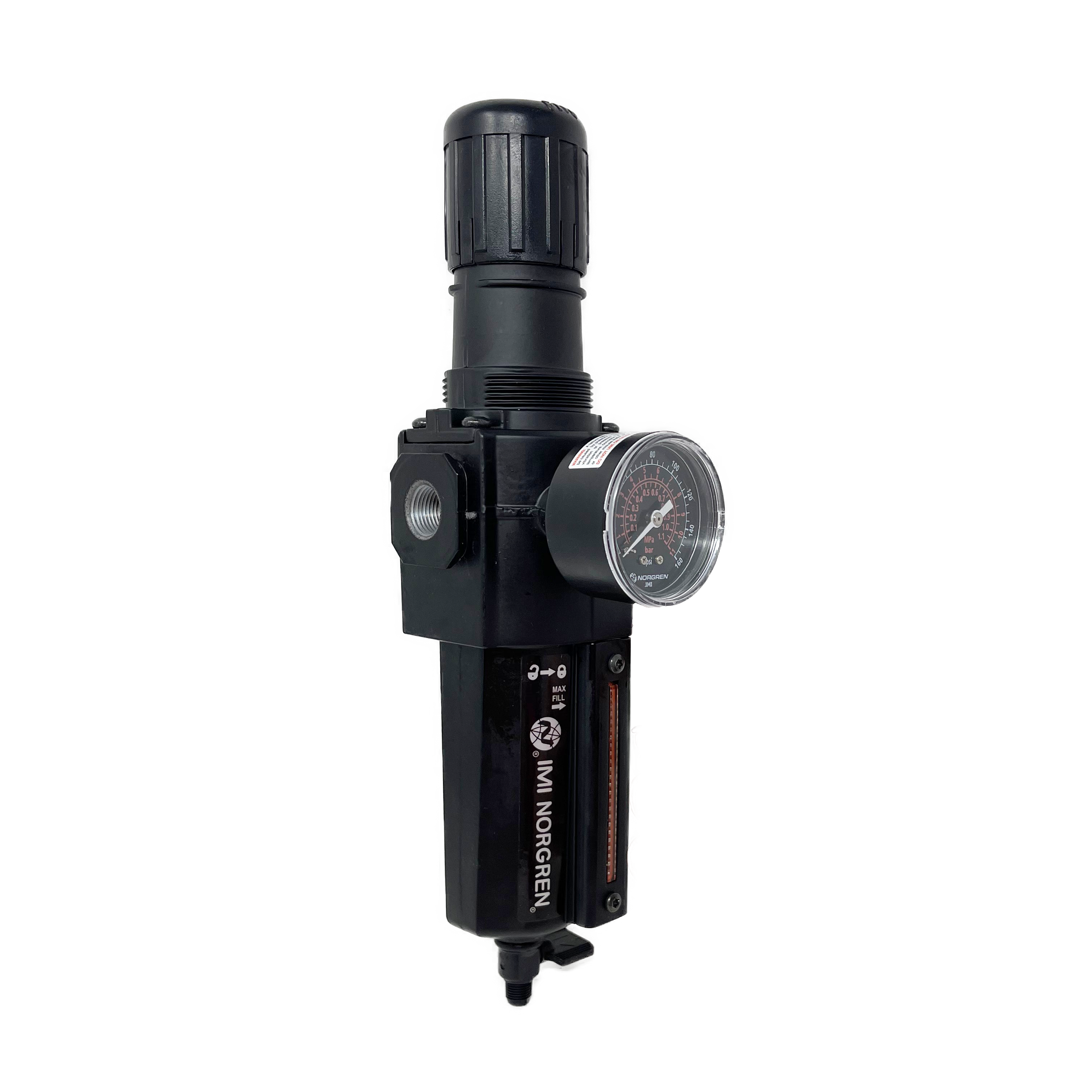 B74G-3AK-QD3-RMG : Norgren Excelon Combo Filter/Regulator, 3/8" NPT, Knob Adjust, Manual 1/4 Turn Drain, Metal Bowl, 40-Micron, Relieving, 5-150psi, with Gauge