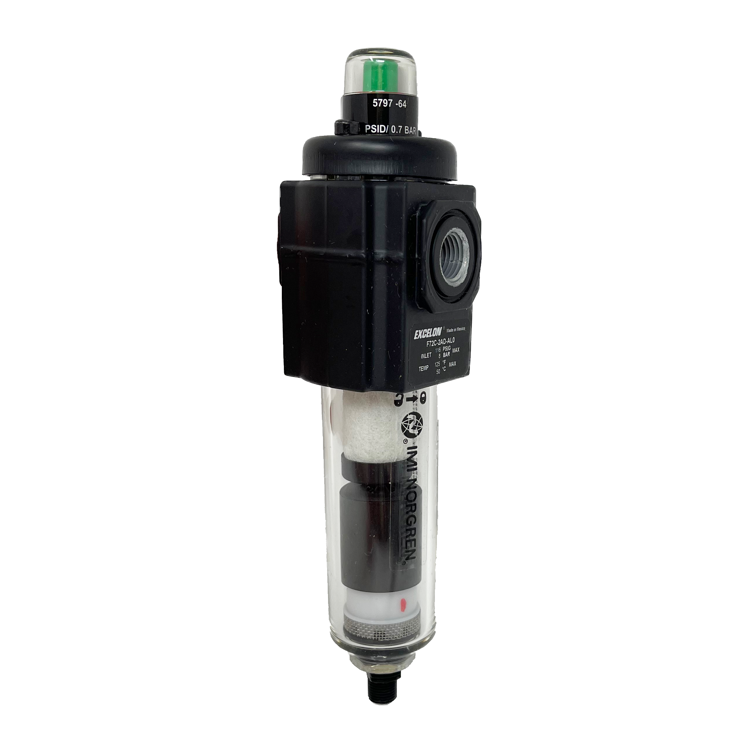 F72C-2AD-AL0 : Norgren Excelon Coalescing Filter, 1/4" NPT, With Mechanical Indicator, Auto Drain, Long Transparent Bowl
