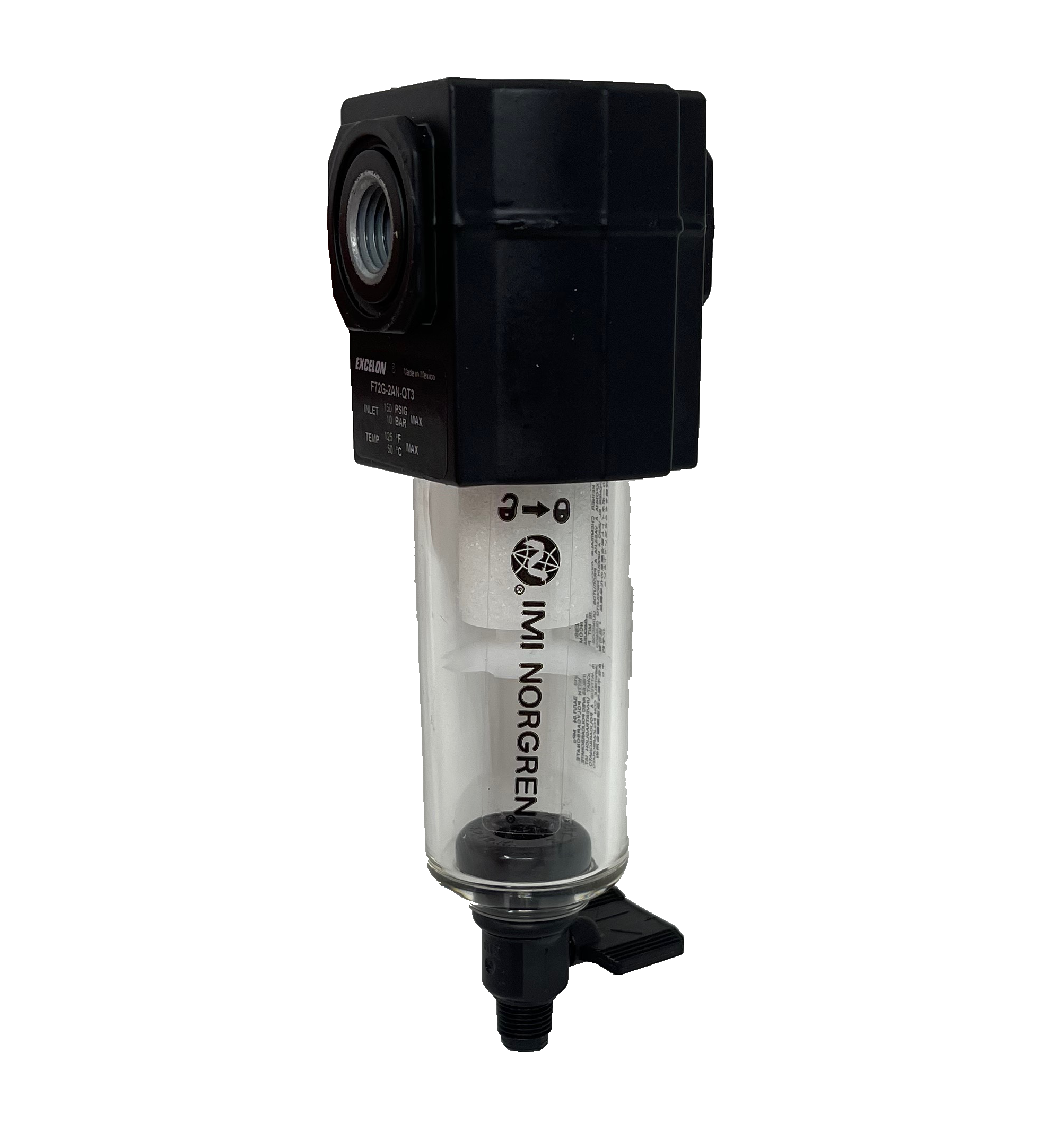 F72G-2AN-QT3 : Norgren Excelon Filter, 1/4" NPT, No Indicator, Manual 1/4 Turn Drain, Short Transparent Bowl, 40-Micron