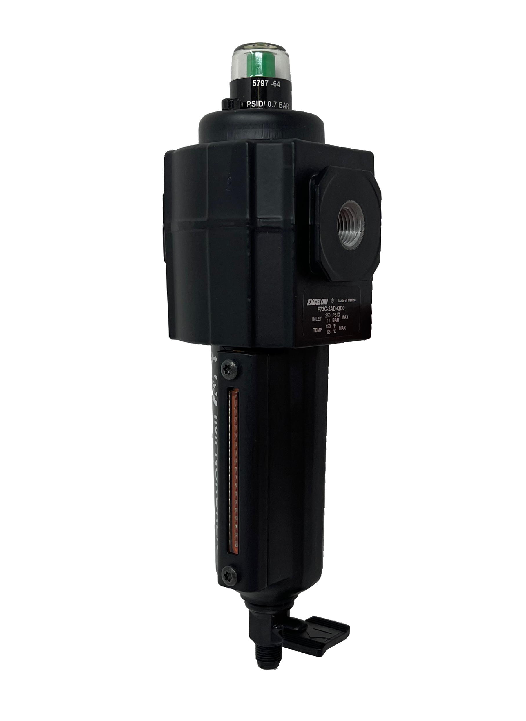 F73C-2AD-QD0 : Norgren Excelon Coalescing Filter, 1/4" NPT, With Mechanical Indicator, Manual Drain, Short Metal Bowl