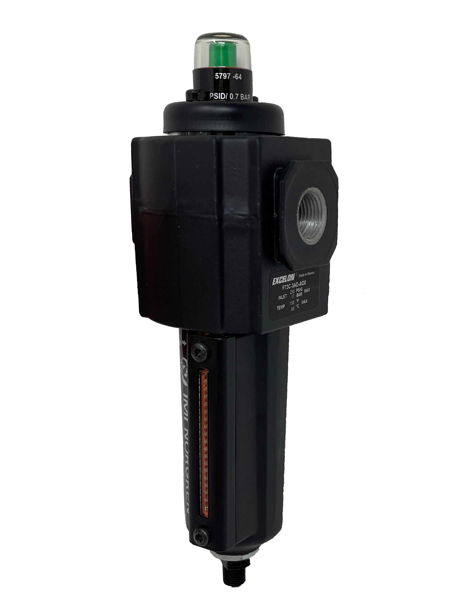 F73C-3AD-AD0 : Norgren Excelon Coalescing Filter, 3/8" NPT, With Mechanical Indicator, Auto Drain, Metal Bowl