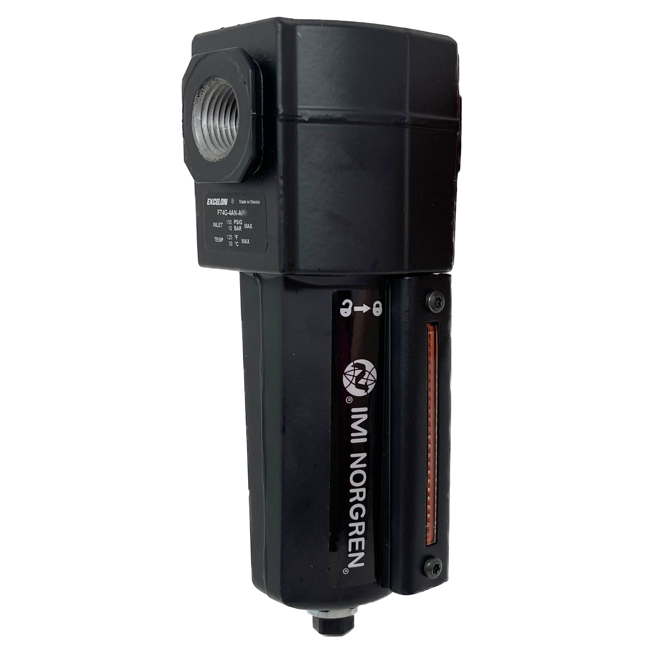 F74G-4AN-AD3 : Norgren Excelon Filter, 1/2" NPT, with Liquid Level Indicator, Auto Drain, Metal Bowl, 40-Micron