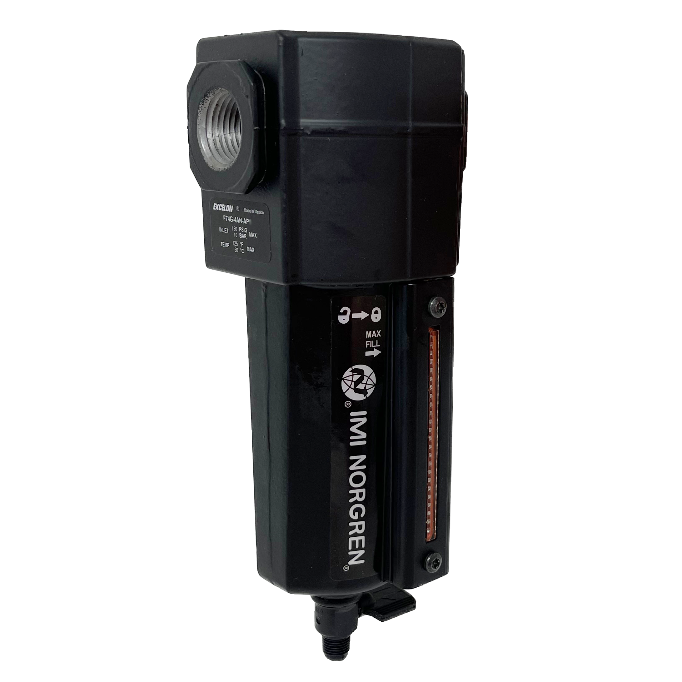 F74G-4AN-QD3 : Norgren Excelon Filter, 1/2" NPT, No Indicator, Manual Drain, Metal Bowl, 40-Micron