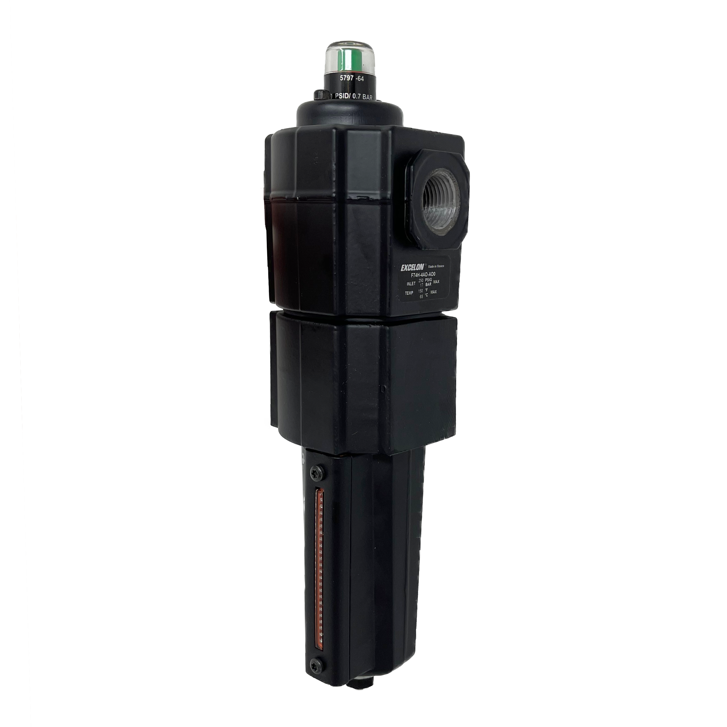 F74H-4AD-AD0 : Norgren Excelon Hi-Flow Coalescing Filter, 1/2" NPT, With Mechanical Indicator, Auto Drain, Metal Bowl