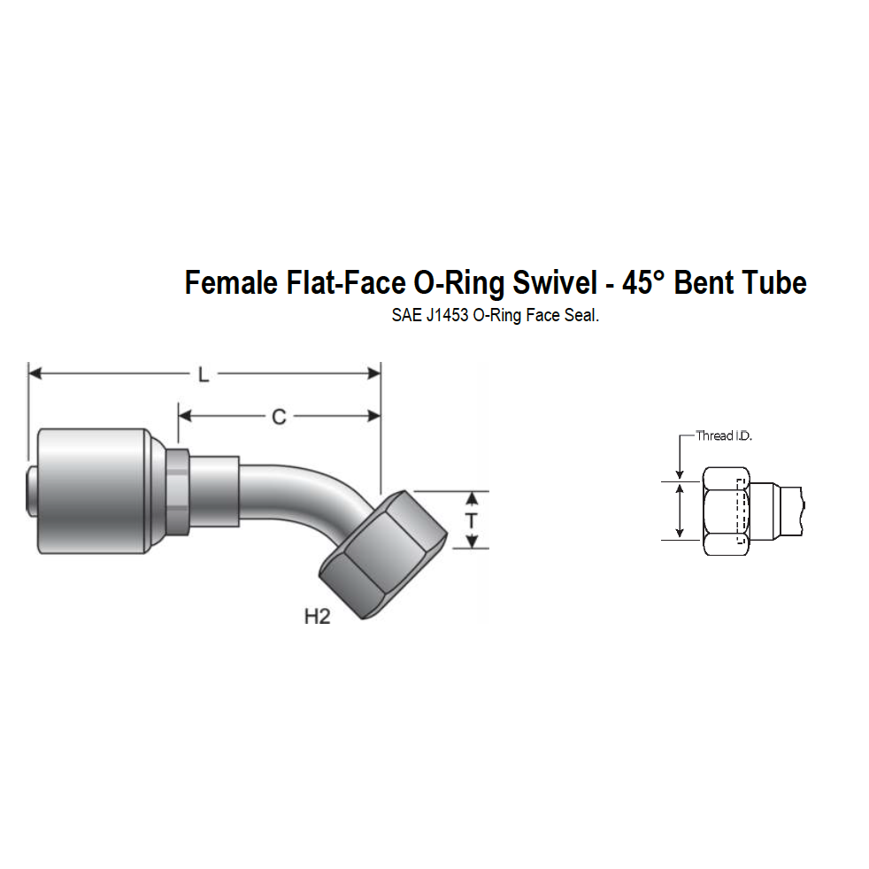 6G-6FFORX45S : Gates Coupling, MegaCrimp Female Flat-Face O-Ring Swivel, 45-Deg, -6 (3/8") Dash Size, 0.375 (3/8") ID, 11/16-16 Threads