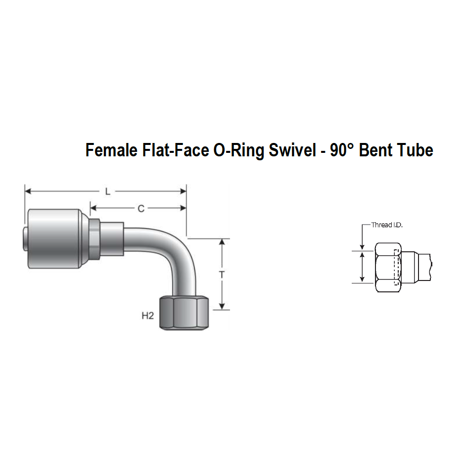 8G-8FFORX90M : Gates Coupling, MegaCrimp Female Flat-Face O-Ring Swivel, 90-Deg, -8 (1/2") Dash Size, 0.5 (1/2") ID, 13/16-16 Threads