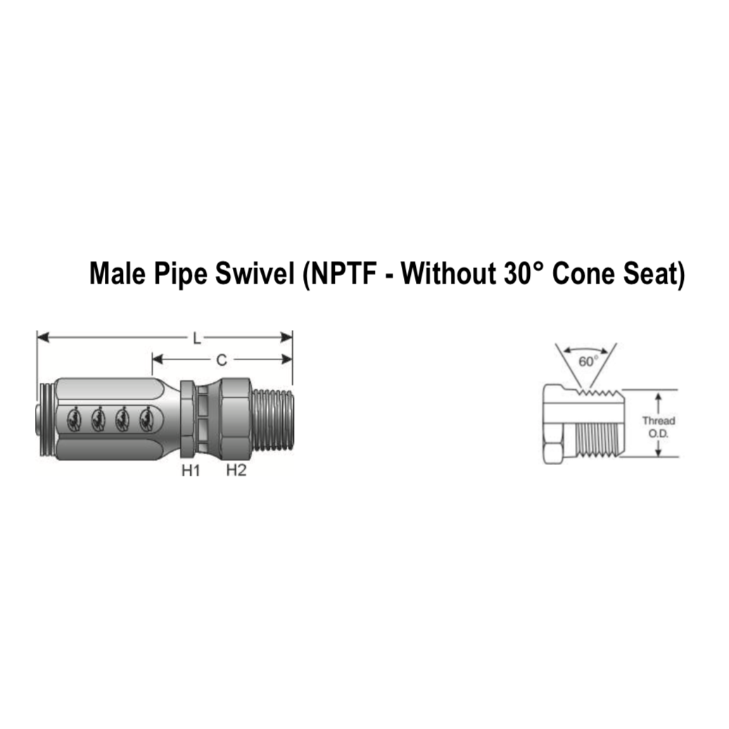 6C2AT-6RMPX : Gates Coupling, Field Attachable Type T for G2 Hose (2 Wire), Male Pipe Swivel (NPTF, without 30 Cone Seat), -6 (3/8") Dash Size, 0.375 (3/8") ID, 3/8-18 Threads